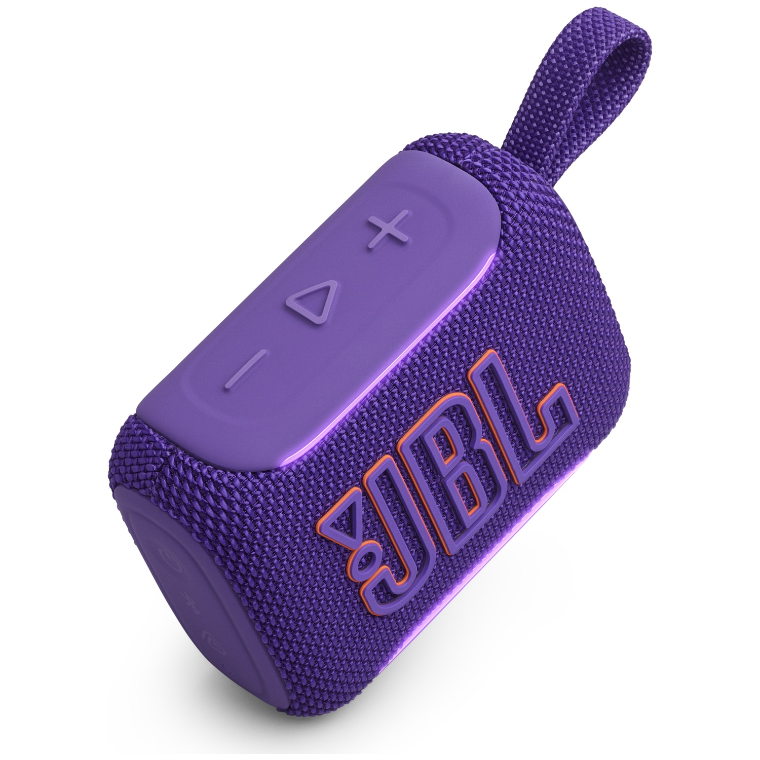 Purple JBL Clip 4 speaker with a carry loop and control buttons.
