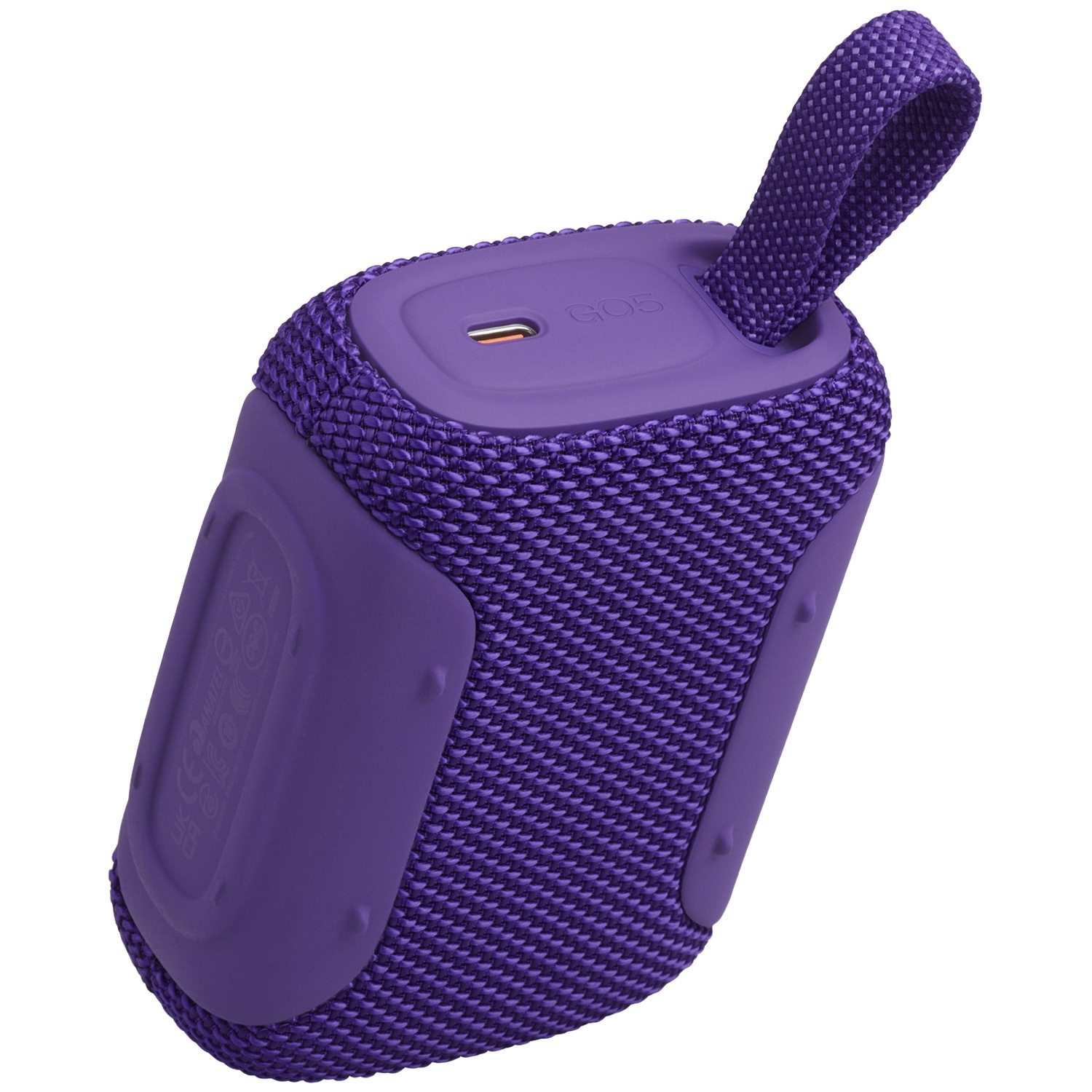 Purple Go 5 Bluetooth speaker with fabric grill and carrying strap.