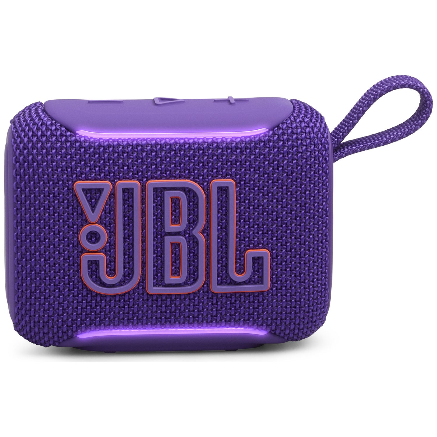 Purple JBL Go 3 speaker with orange logo and carrying strap.