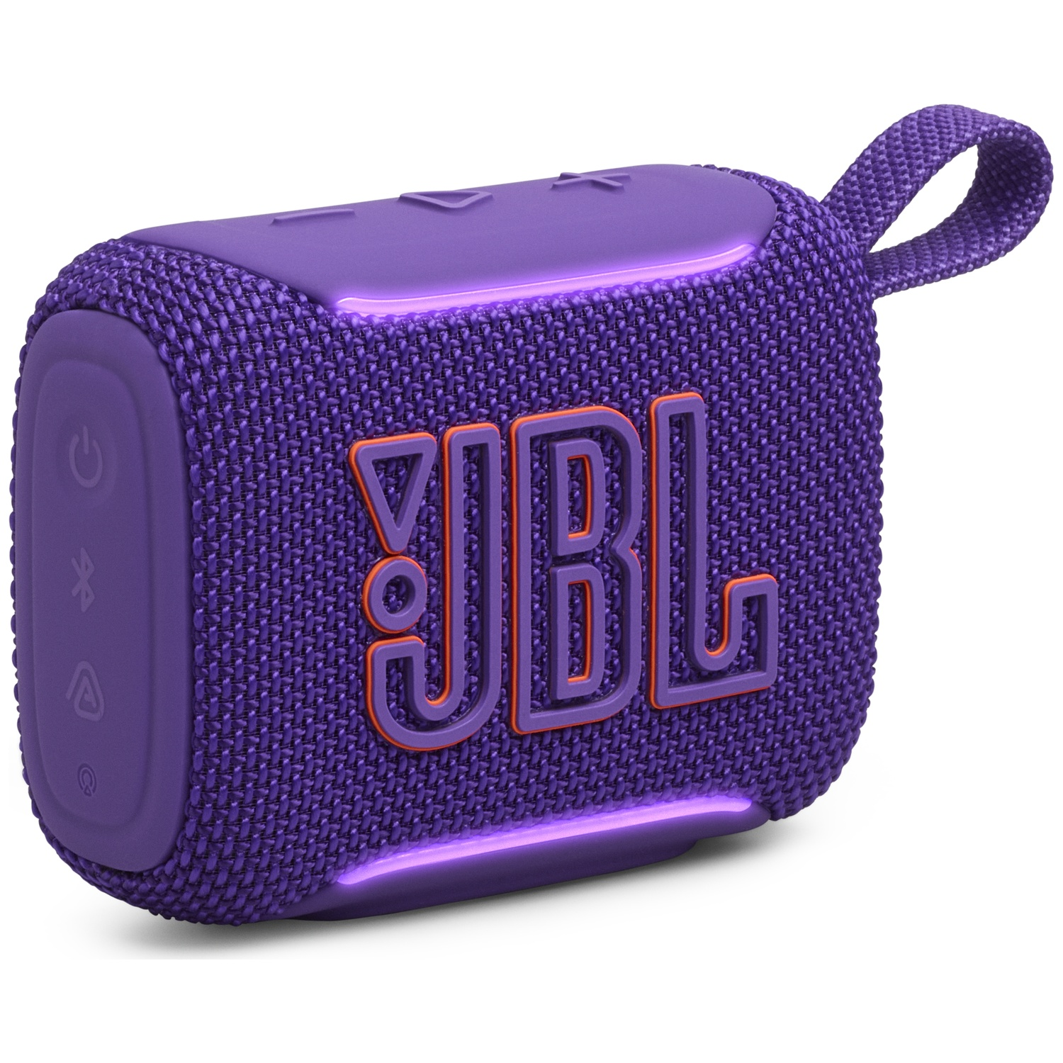 Purple JBL Bluetooth speaker with a carrying loop and illuminated logo.