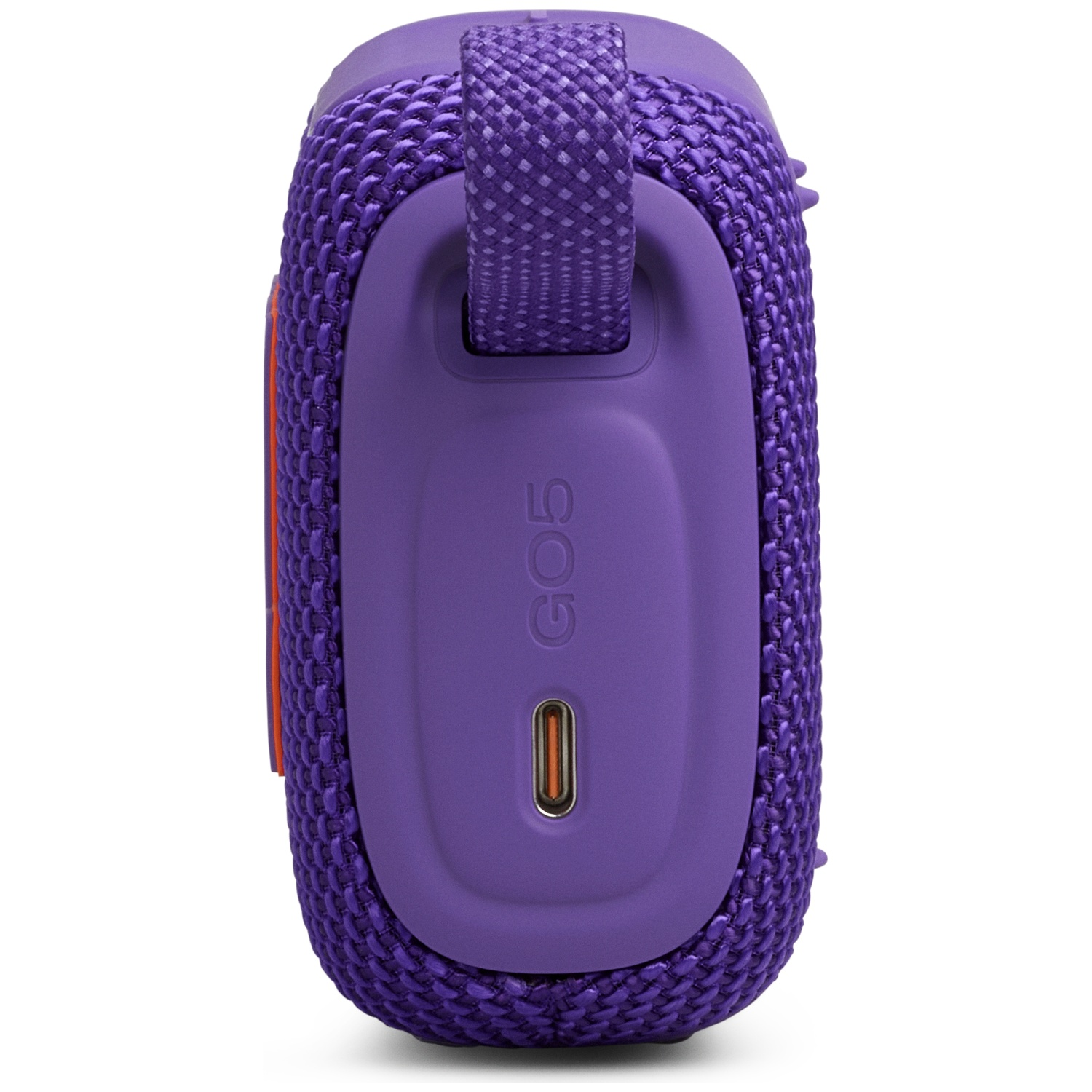 Purple fabric-covered speaker with USB-C port. GO 5 text below.