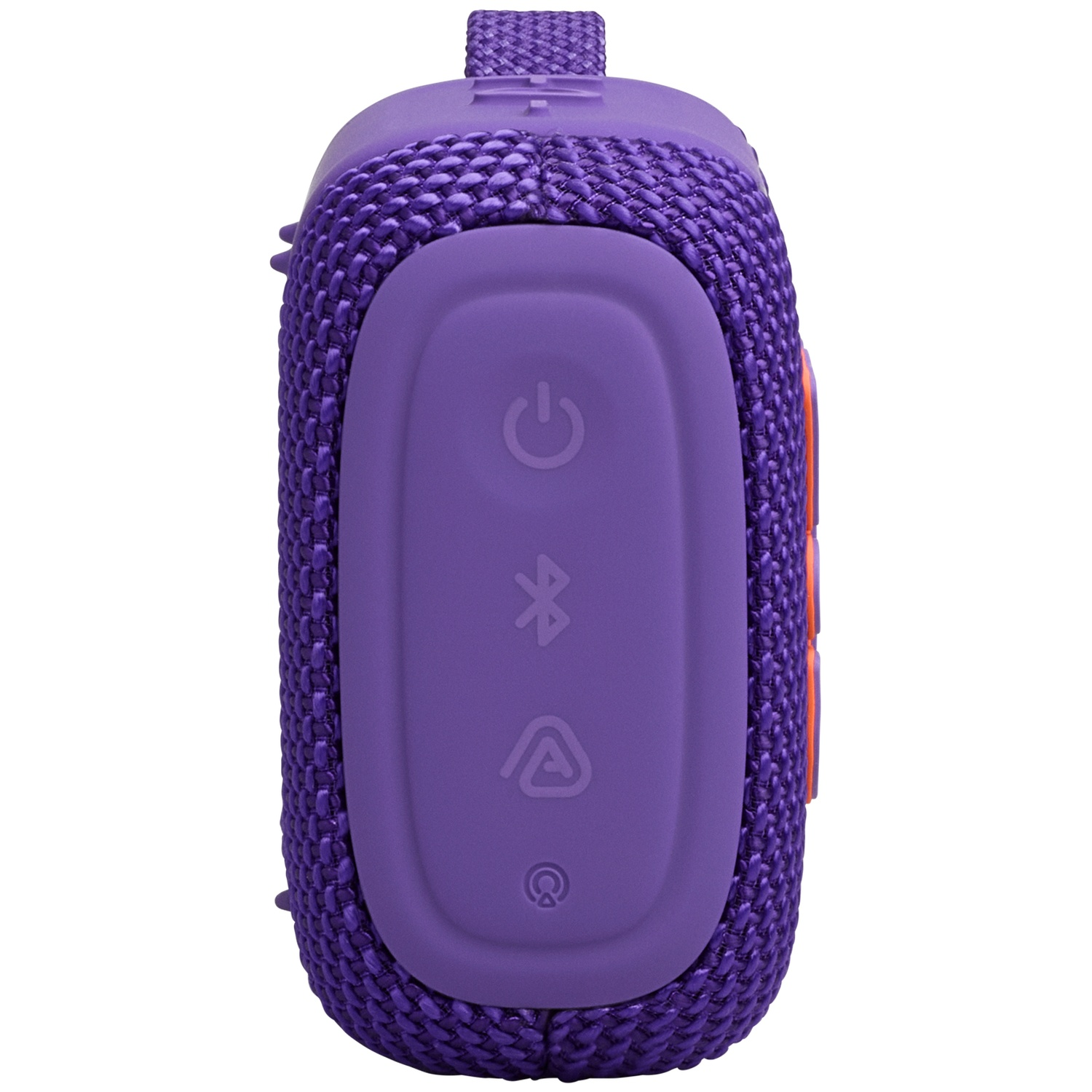 Purple Bluetooth speaker with power, Bluetooth, and battery icons.