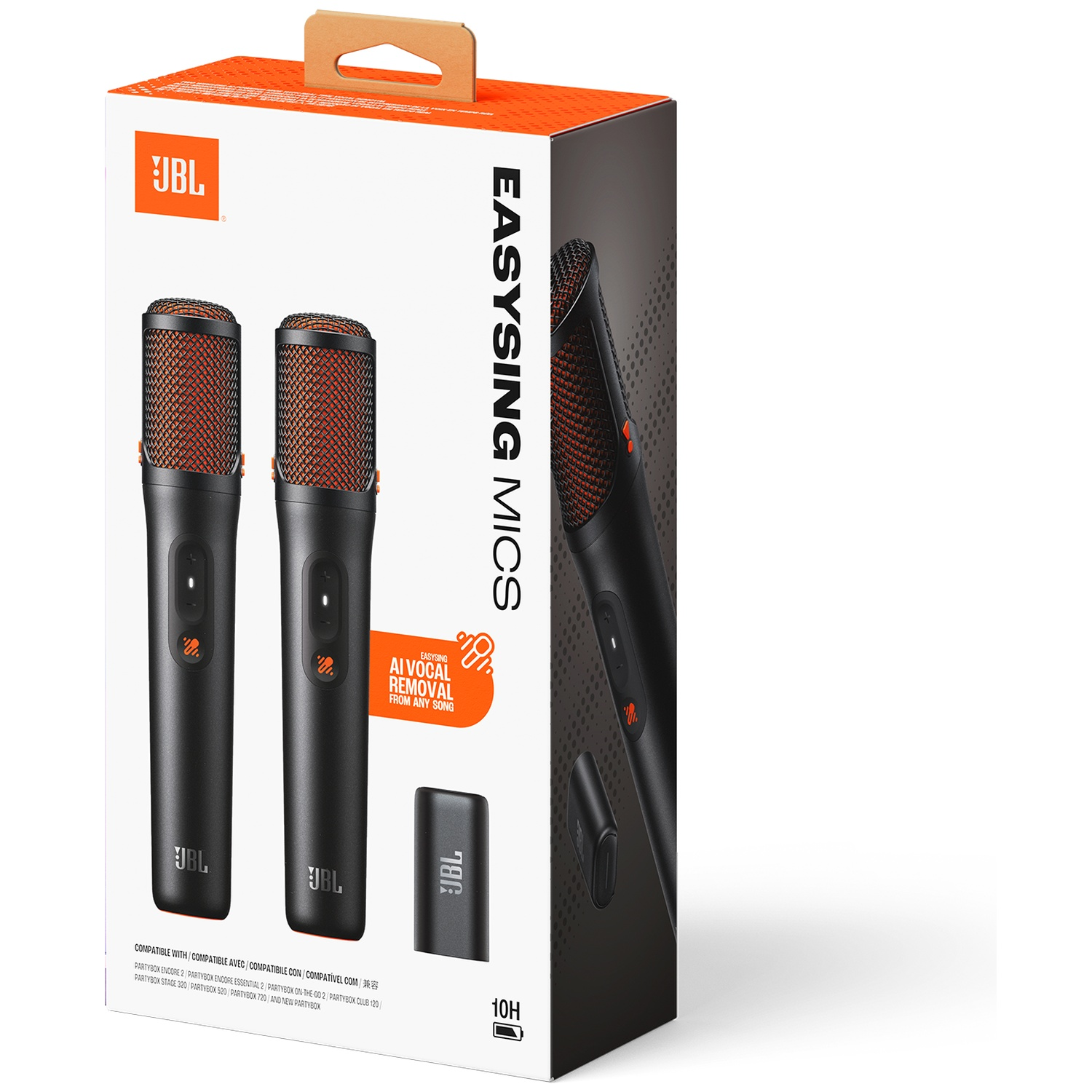 JBL doos met twee zwarte microfoons met oranje grill en accessoires.