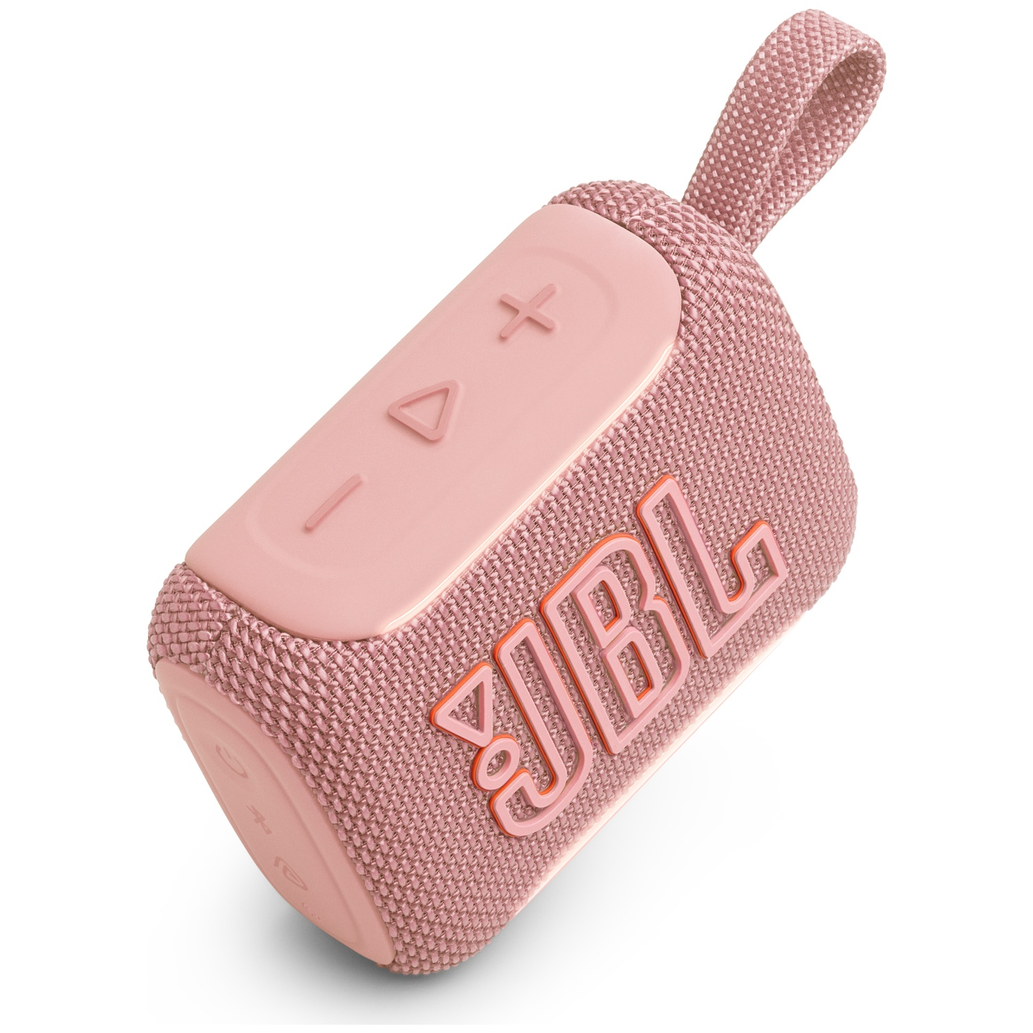 Une petite enceinte JBL rose avec une boucle de transport et des boutons.