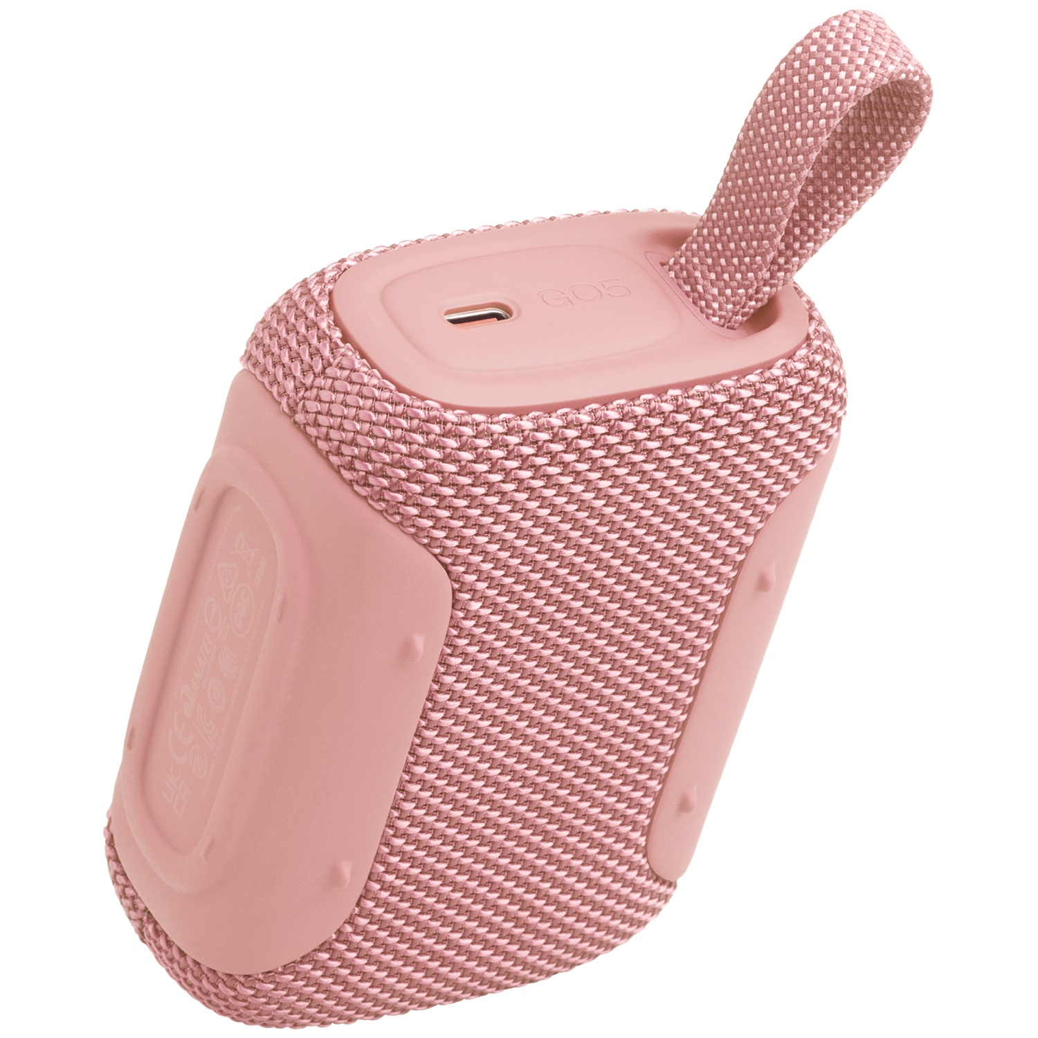 Une petite enceinte Bluetooth rose avec revêtement en tissu et une boucle.