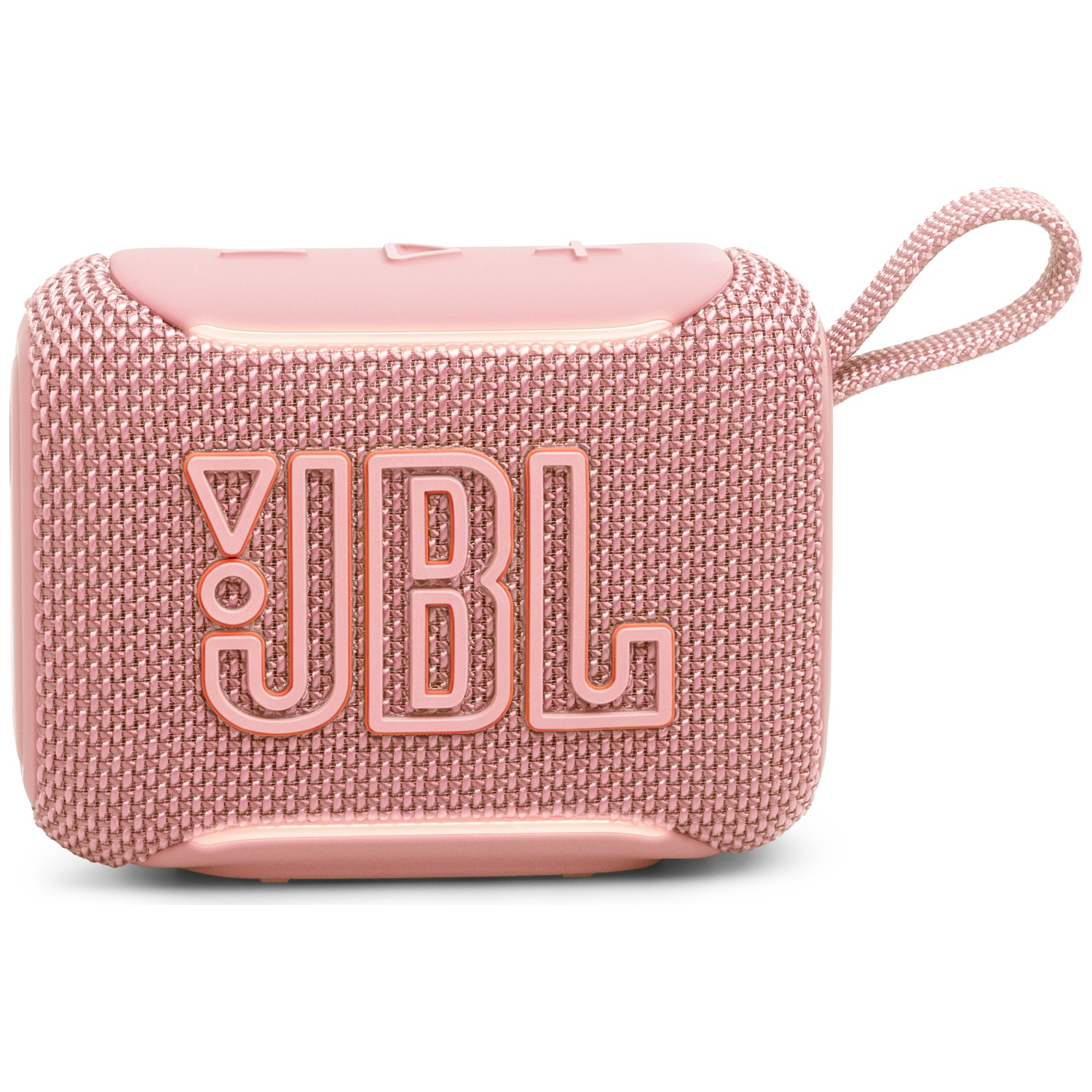 Une petite enceinte JBL rose avec une dragonne et un logo.