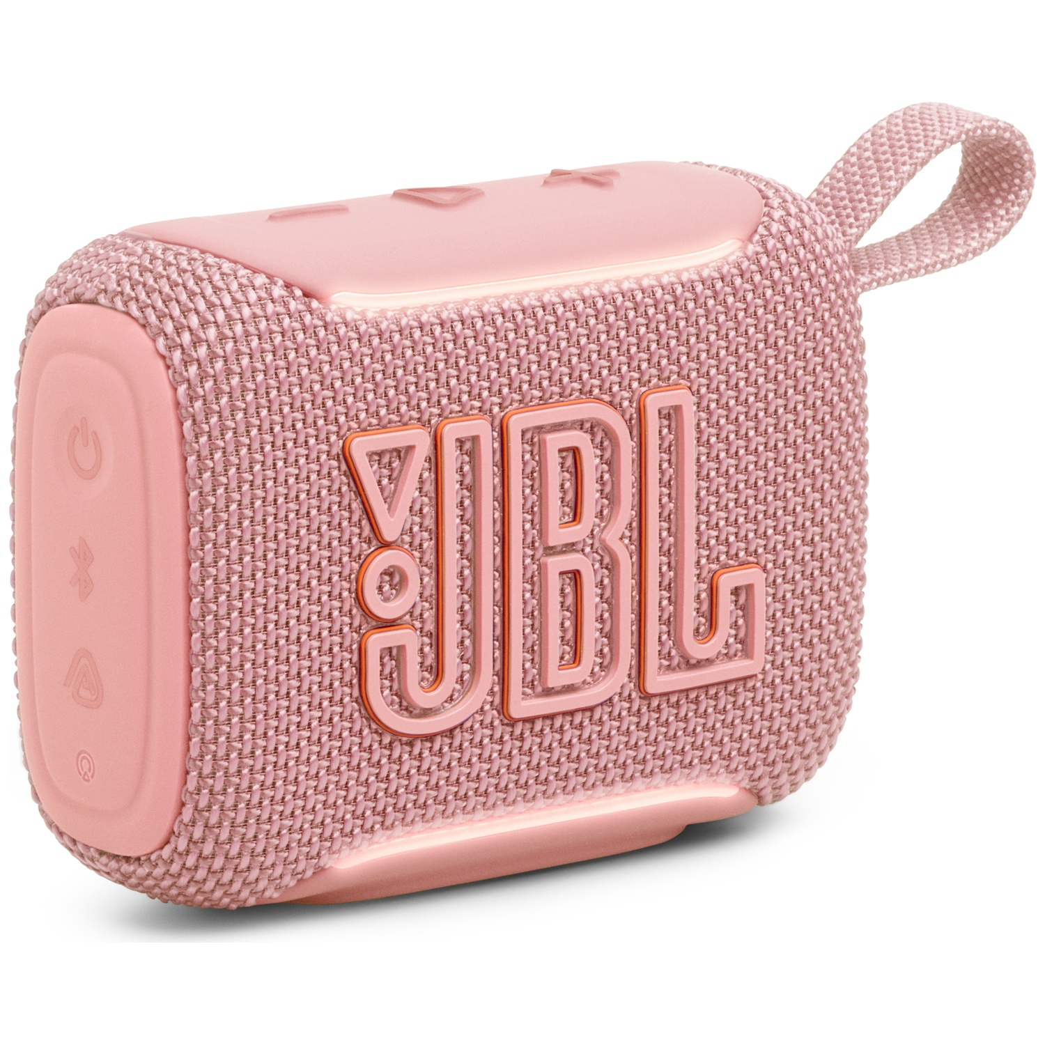 Une enceinte JBL rose avec une couverture en tissu et un logo contrastant.
