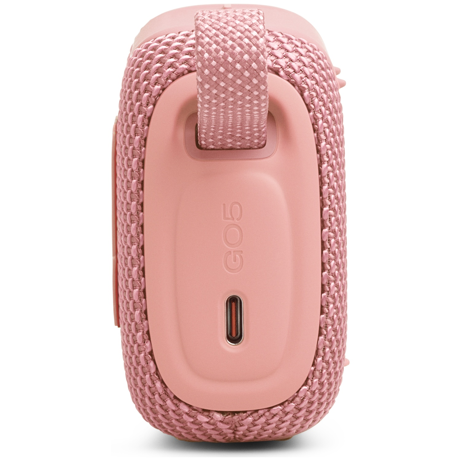 Une enceinte portable rose à extérieur en tissu et port USB-C sur le côté.