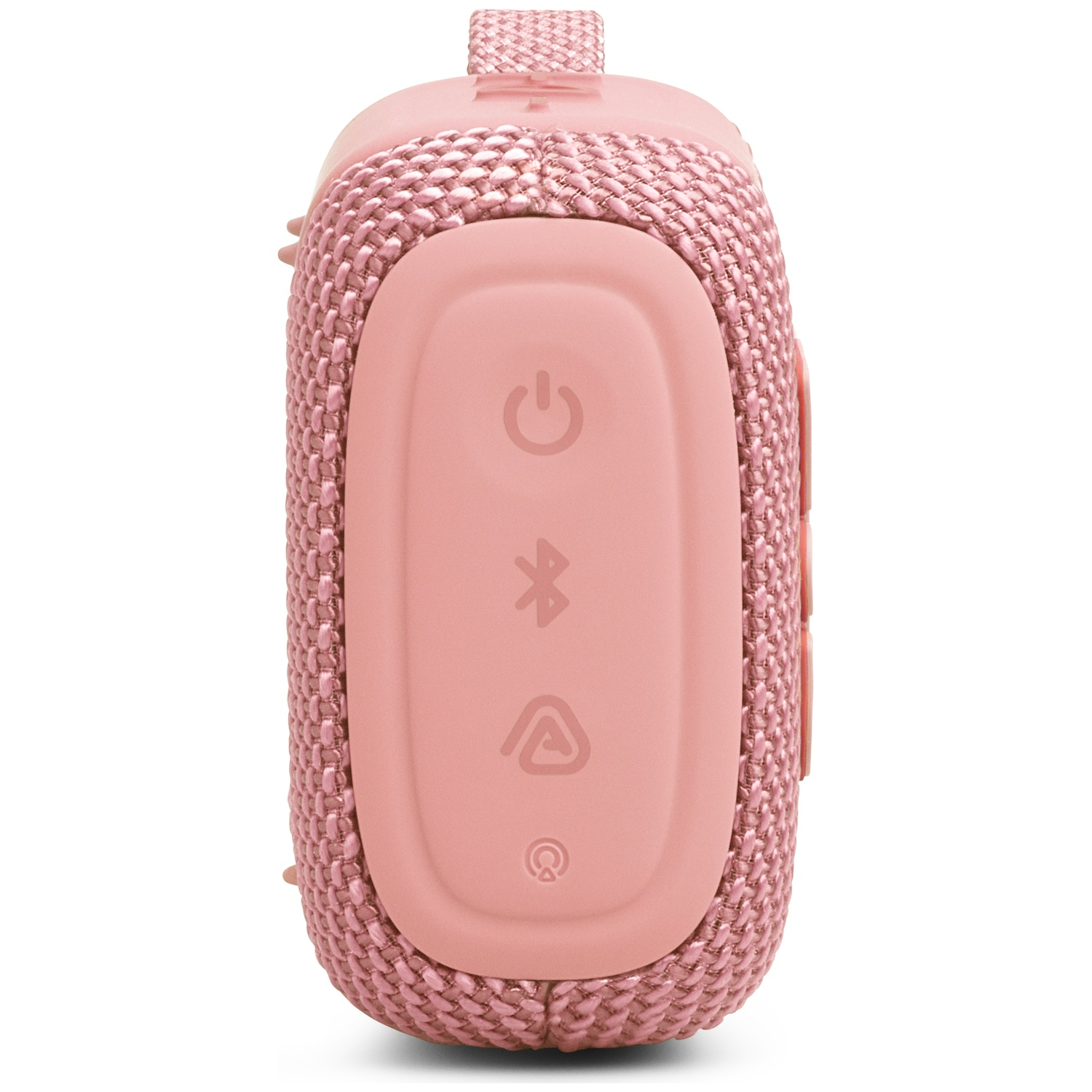 Une enceinte portable rose avec boutons de commande, sur fond blanc.