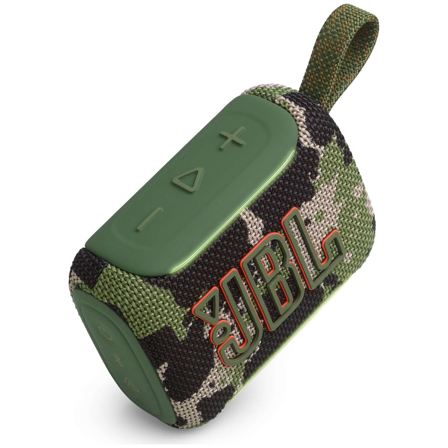 A JBL portable speaker with a camouflage fabric body and green buttons.