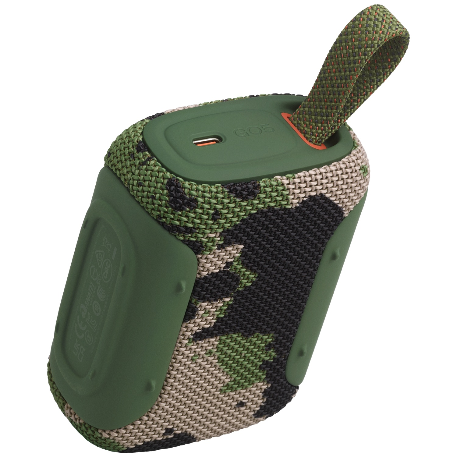 Green camouflage Bluetooth speaker with a carrying strap.