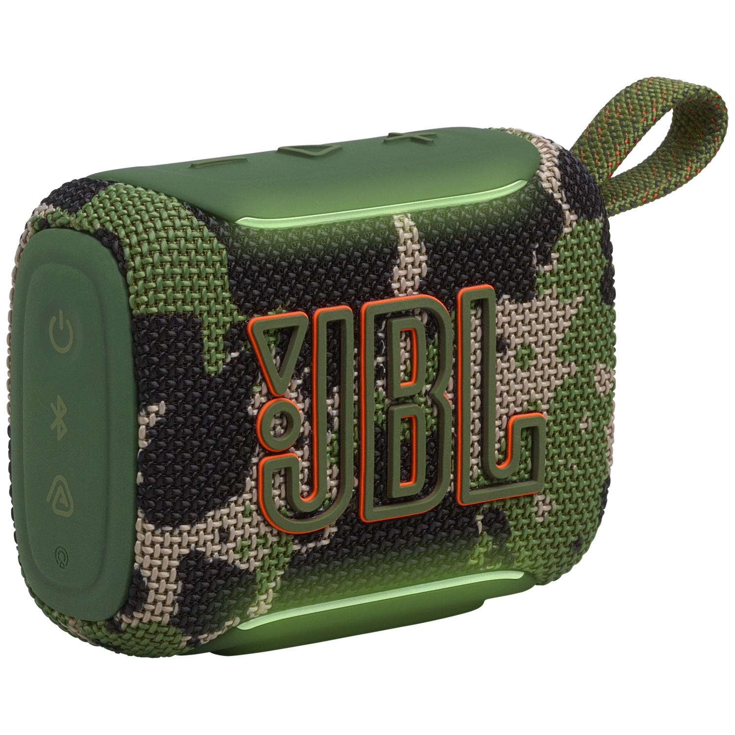Green JBL speaker with camouflage pattern and carrying strap.