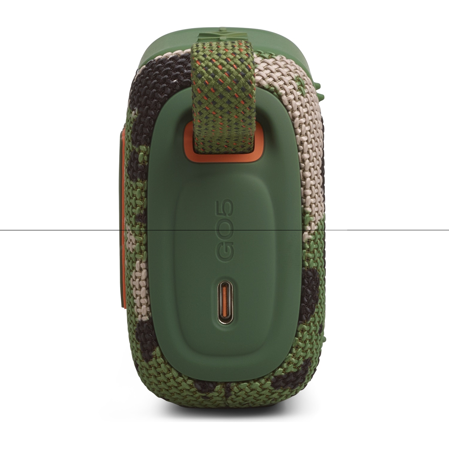 Green camouflage speaker with orange strap and USB-C port. Compact and portable.