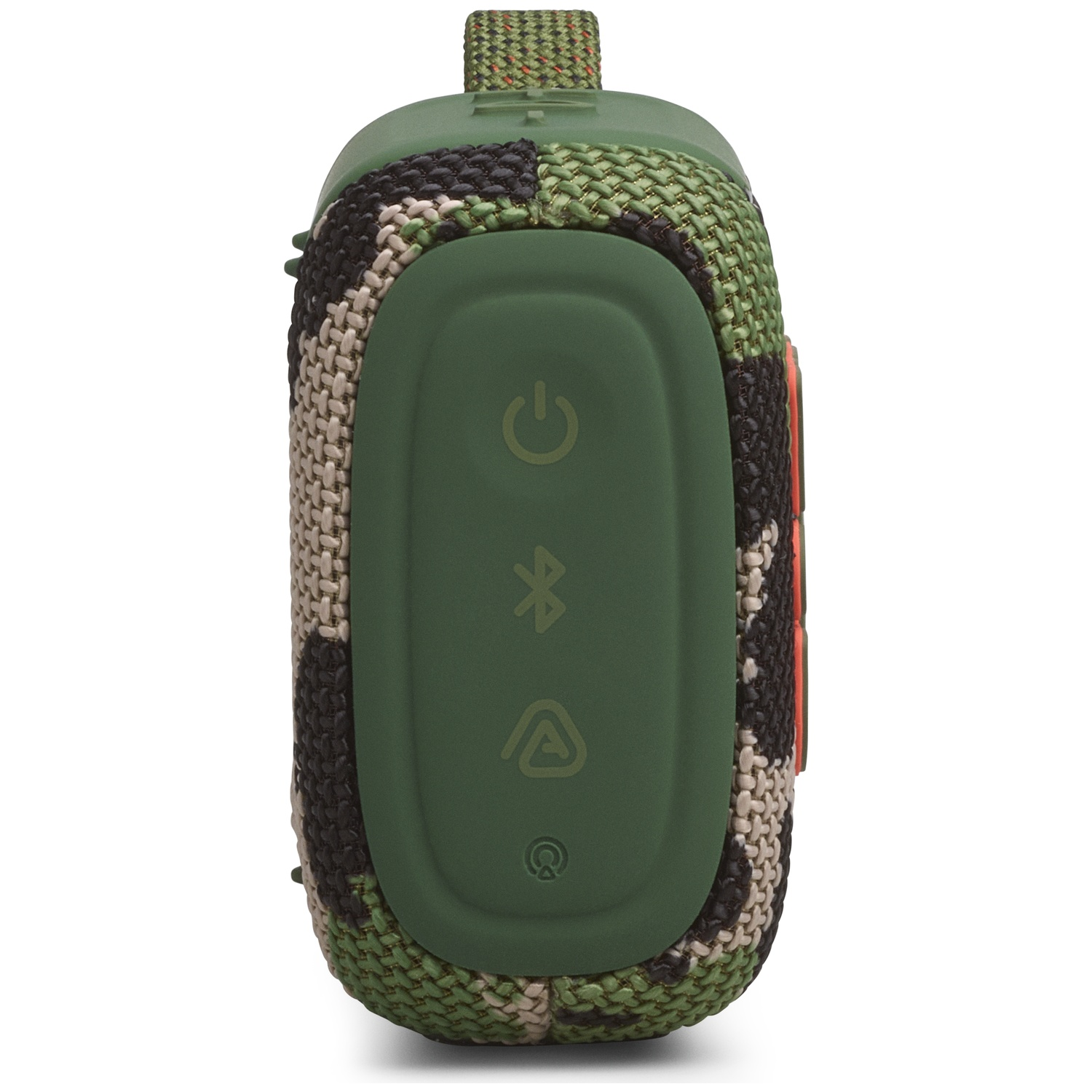 Green camouflage speaker with power, Bluetooth, and battery icons.
