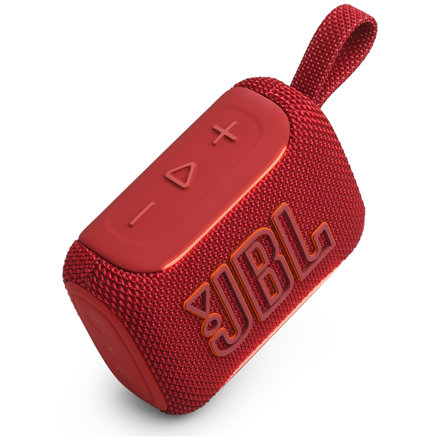 Red JBL speaker with fabric cover and carrying strap.