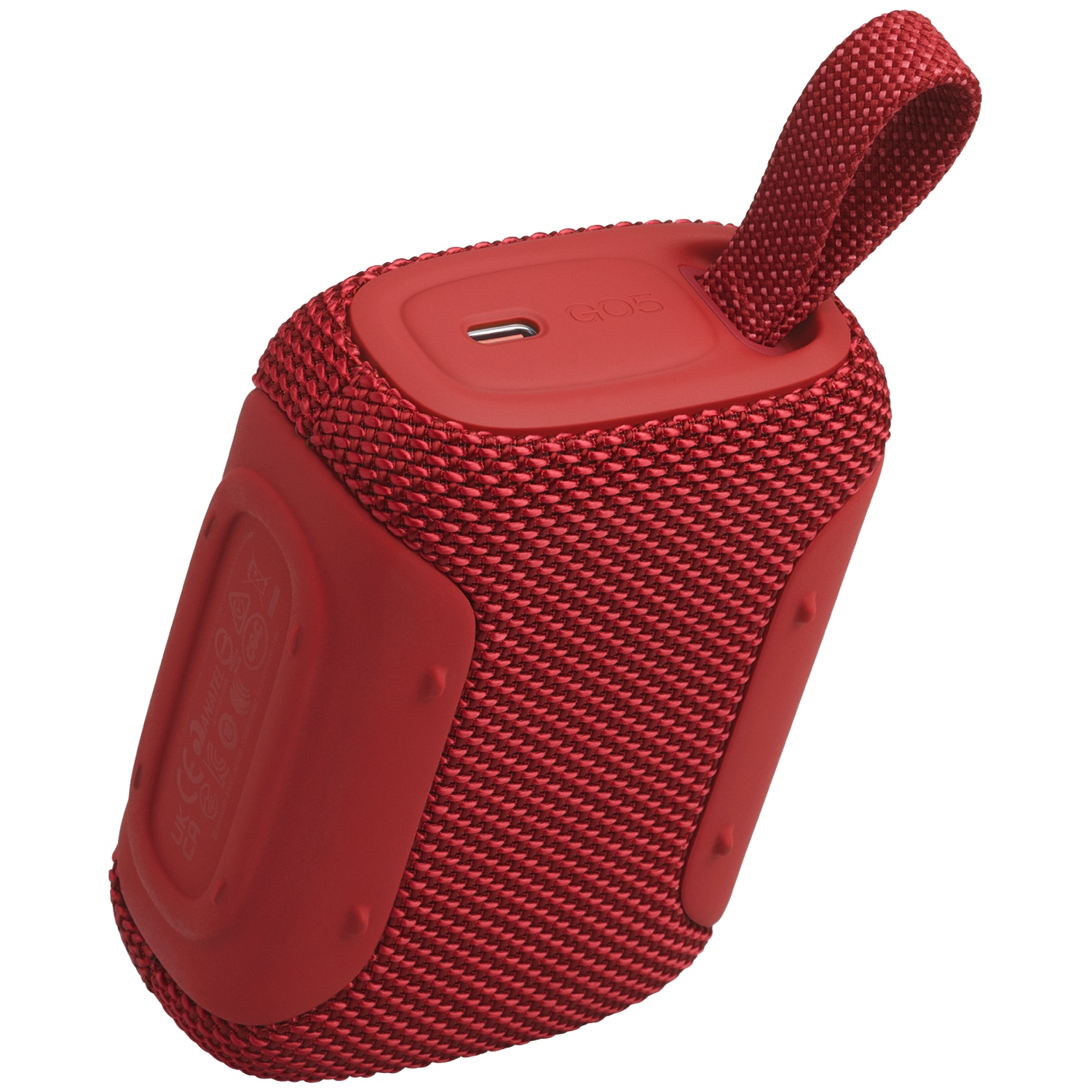 A red portable speaker with a fabric loop and a USB-C port.
