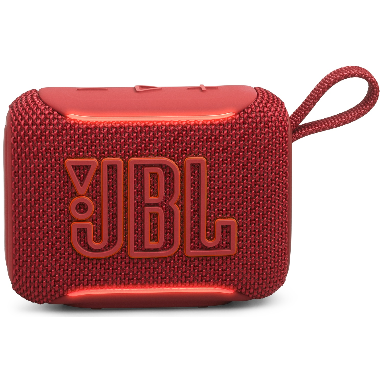 Red JBL portable speaker with fabric grill and carrying loop.