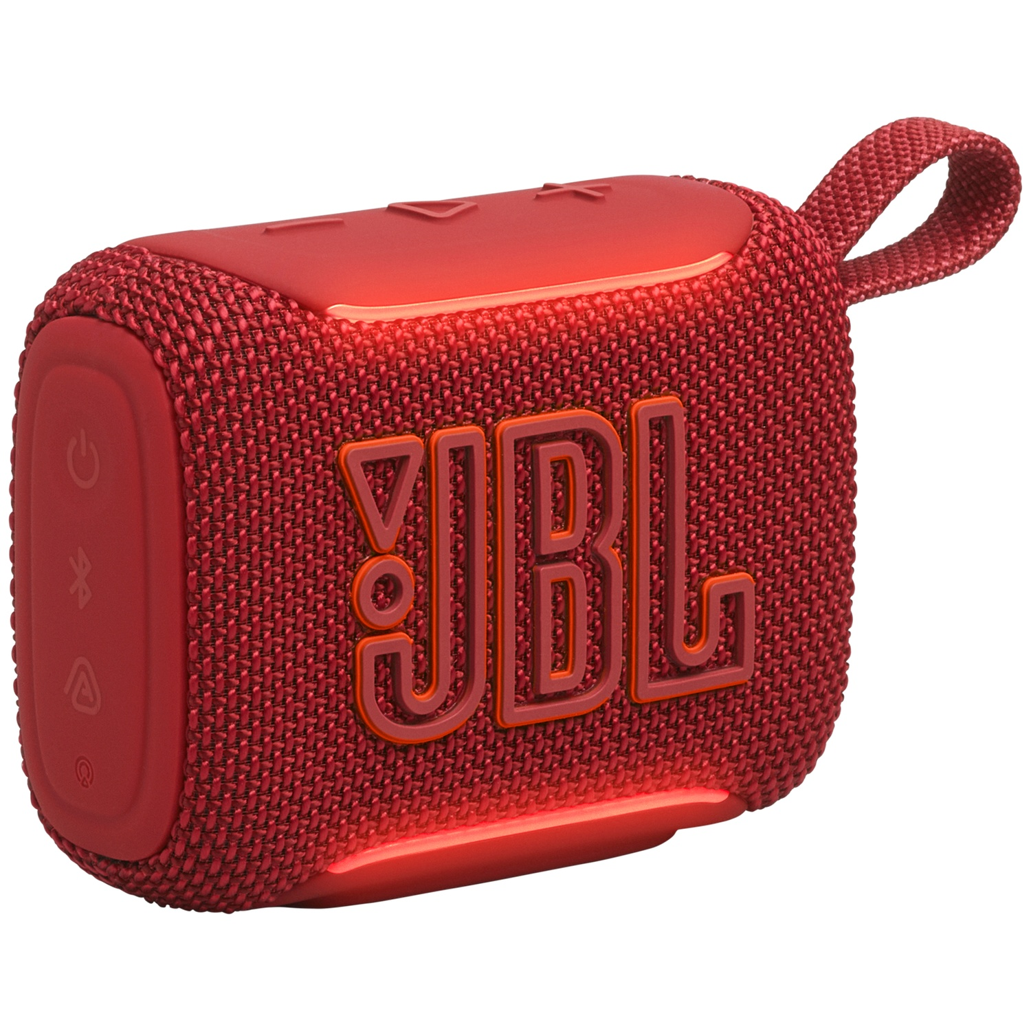 Red JBL Bluetooth speaker with fabric grille and carrying loop.