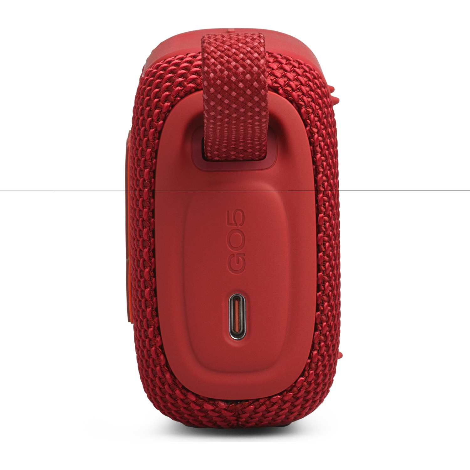 Red fabric-covered speaker with a USB-C port.