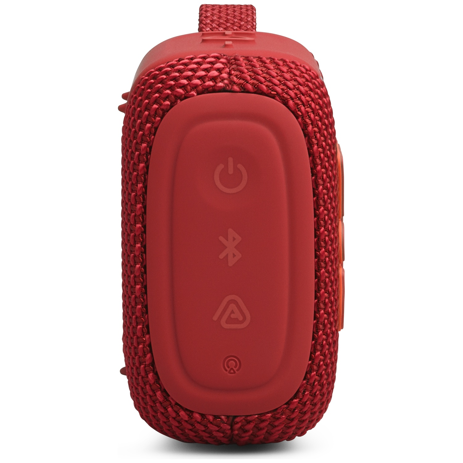 Red speaker with rubberized buttons (power, Bluetooth, etc.) and textured fabric.