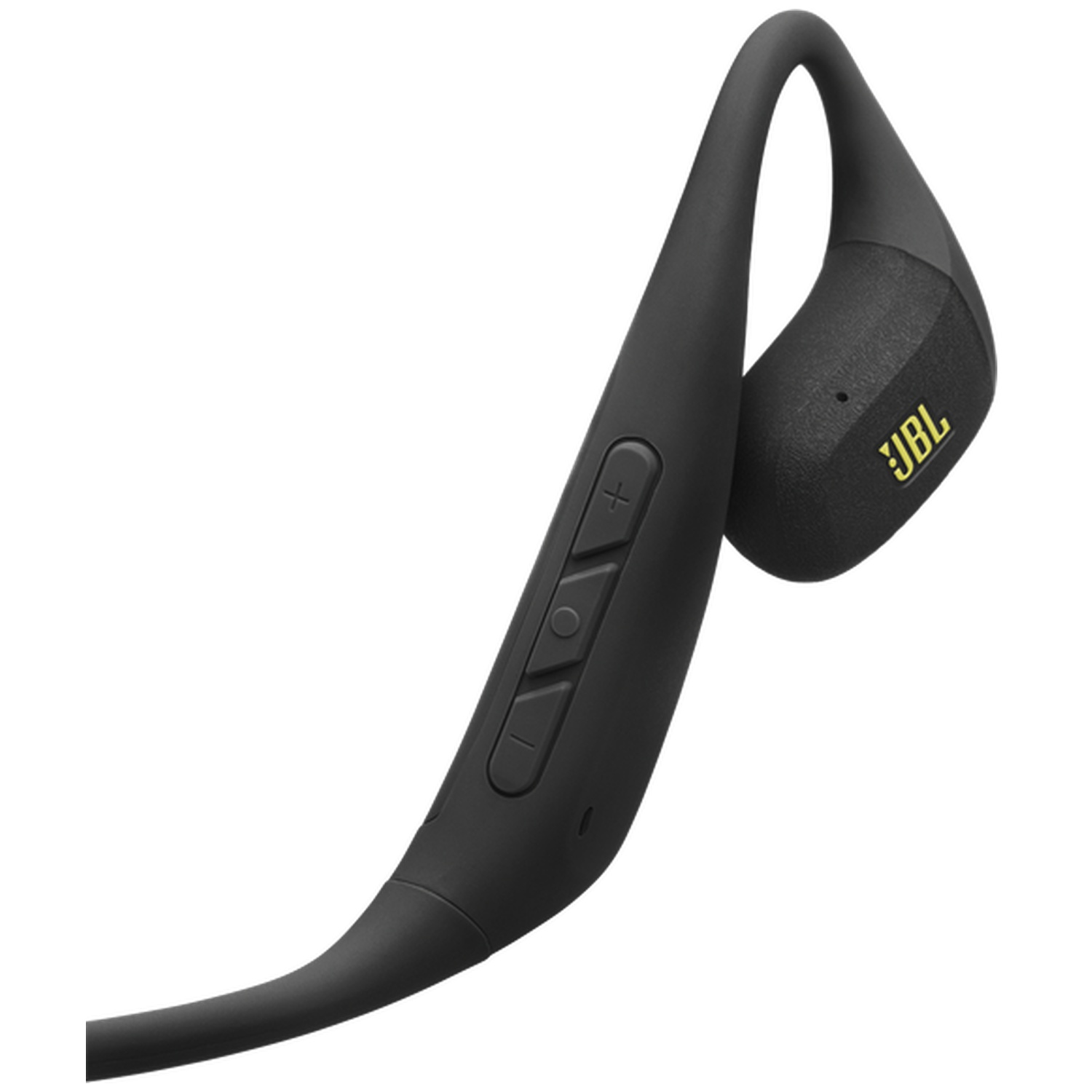 Écouteur JBL noir avec logo jaune, gros plan.