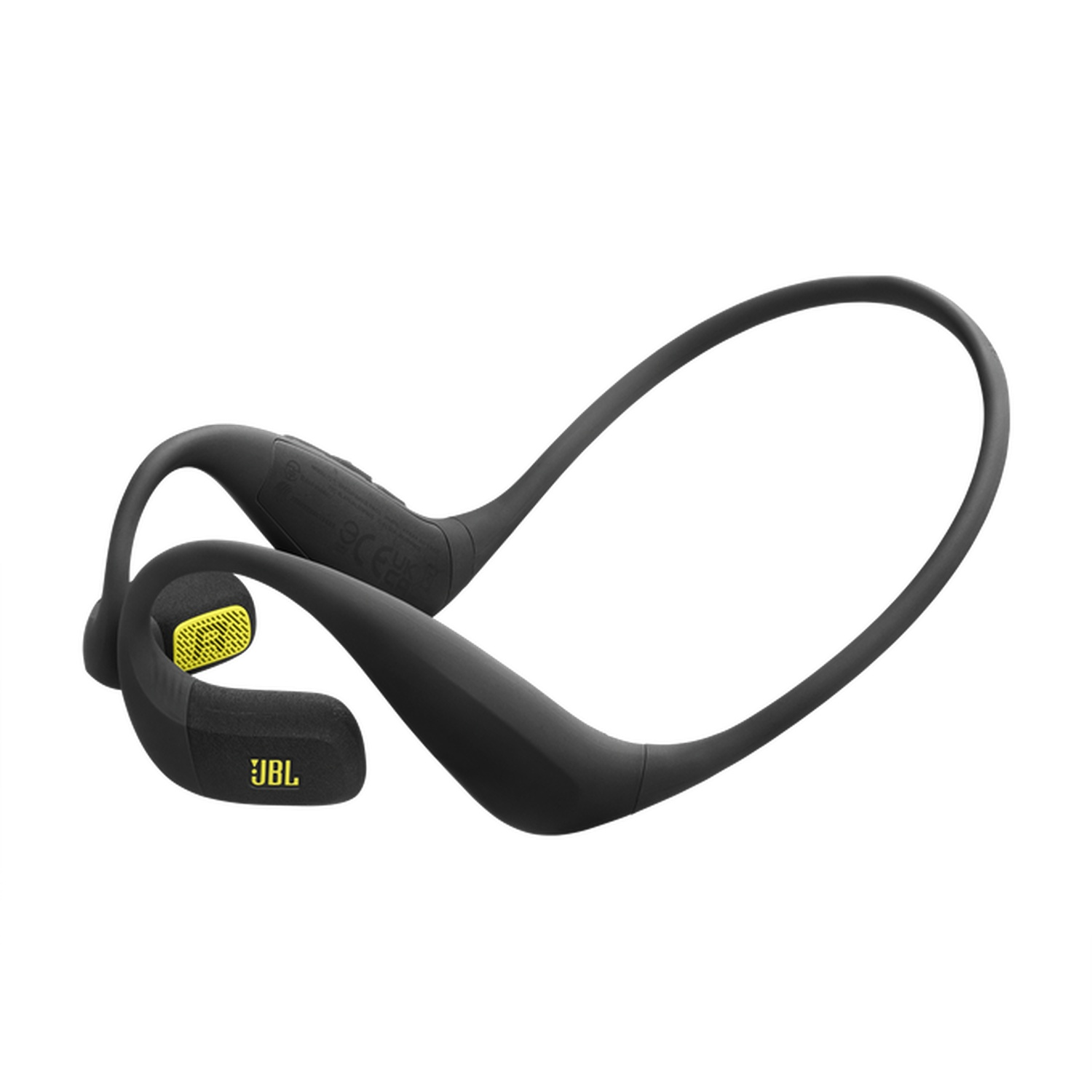 Casque JBL noir avec accents jaunes, porté sur l'oreille.