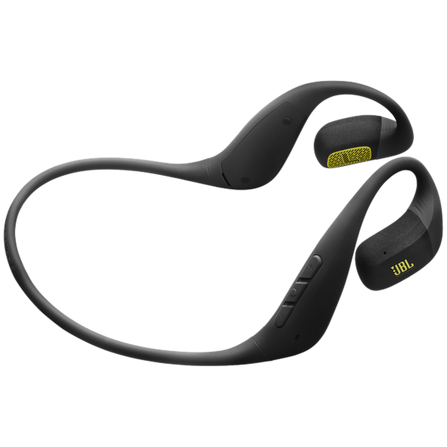 Écouteurs de sport JBL noirs avec accents jaunes et crochets d'oreille, sur fond blanc.
