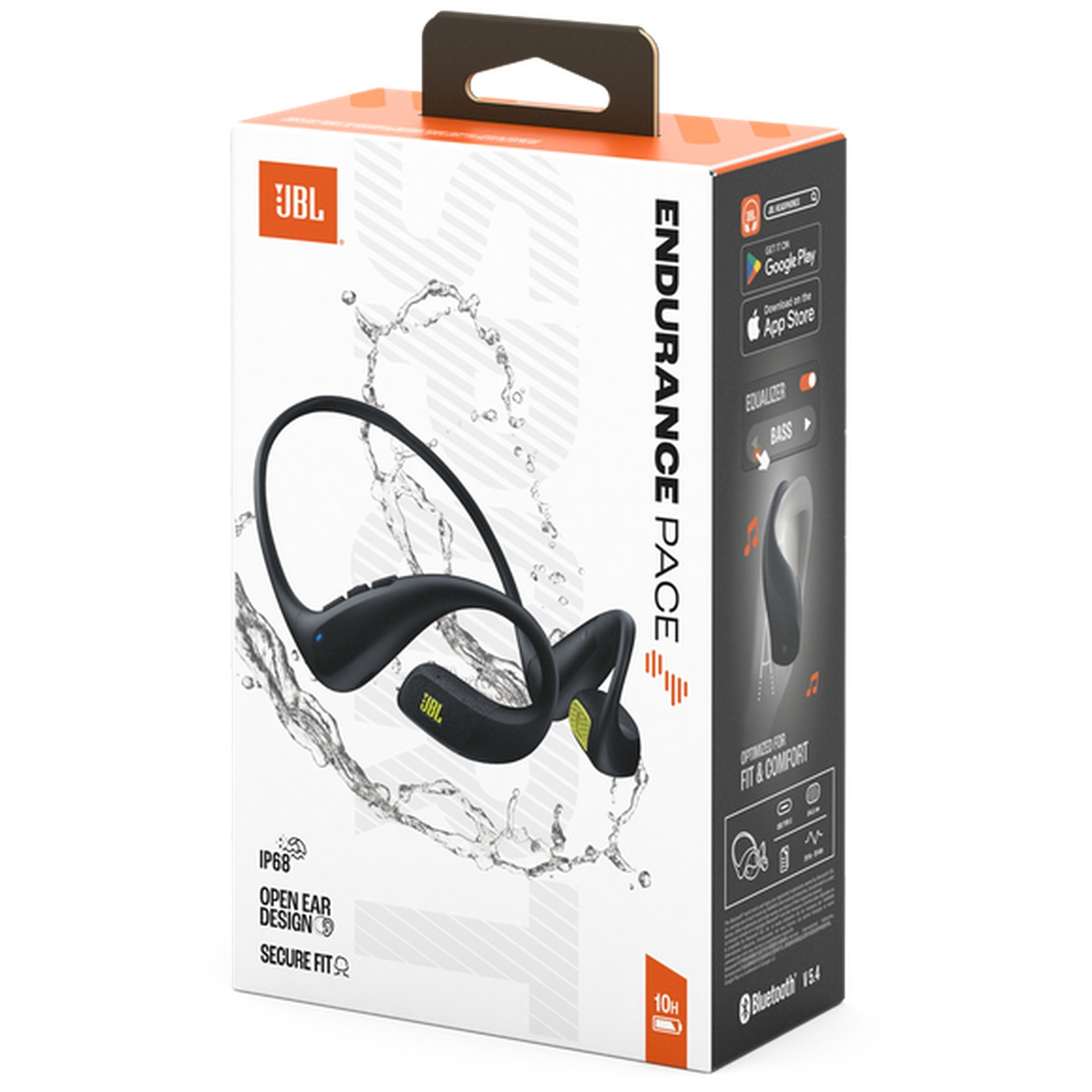 Boîte d'écouteurs JBL Endurance Pace avec éclaboussures d'eau, IP68, design ouvert.