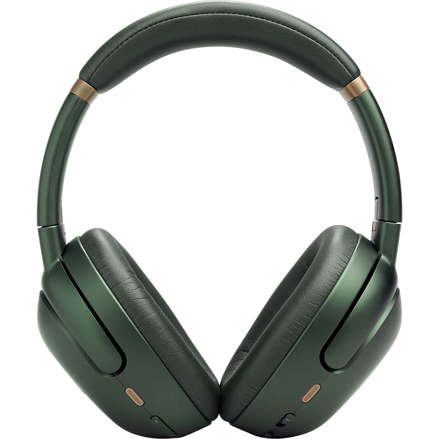 Dark green over-ear headphones with a padded headband and gold accents.