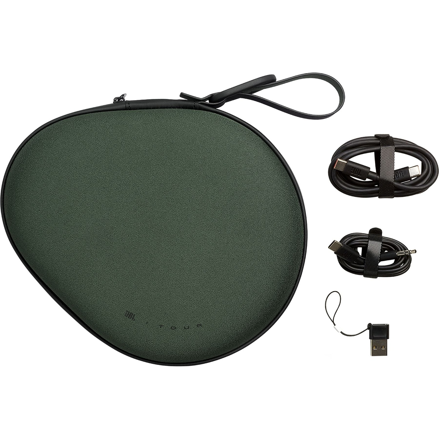 Green JBL headphone case with USB-C and audio cables, and a USB adapter.