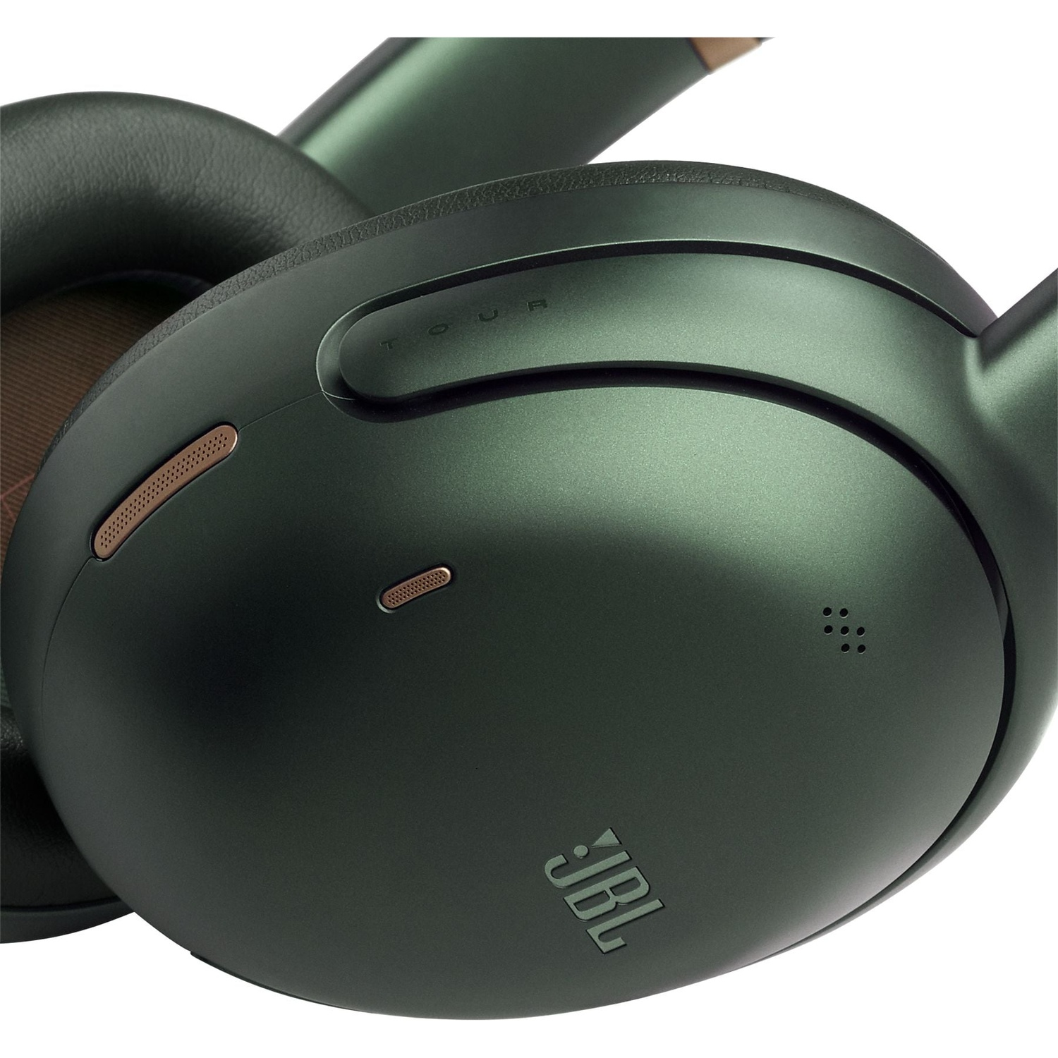 Dark green headphones with JBL logo and bronze accents.