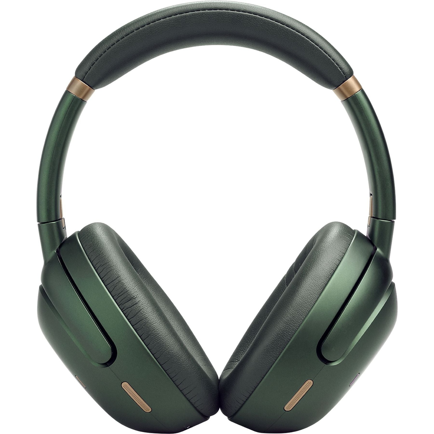 Green over-ear headphones with gold accents and a padded headband.