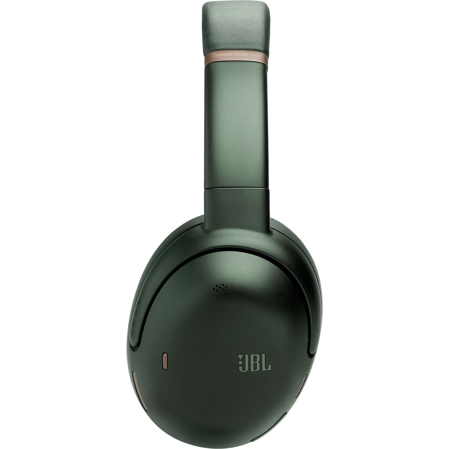 Dark green JBL headphones with gold accents, on a white background.