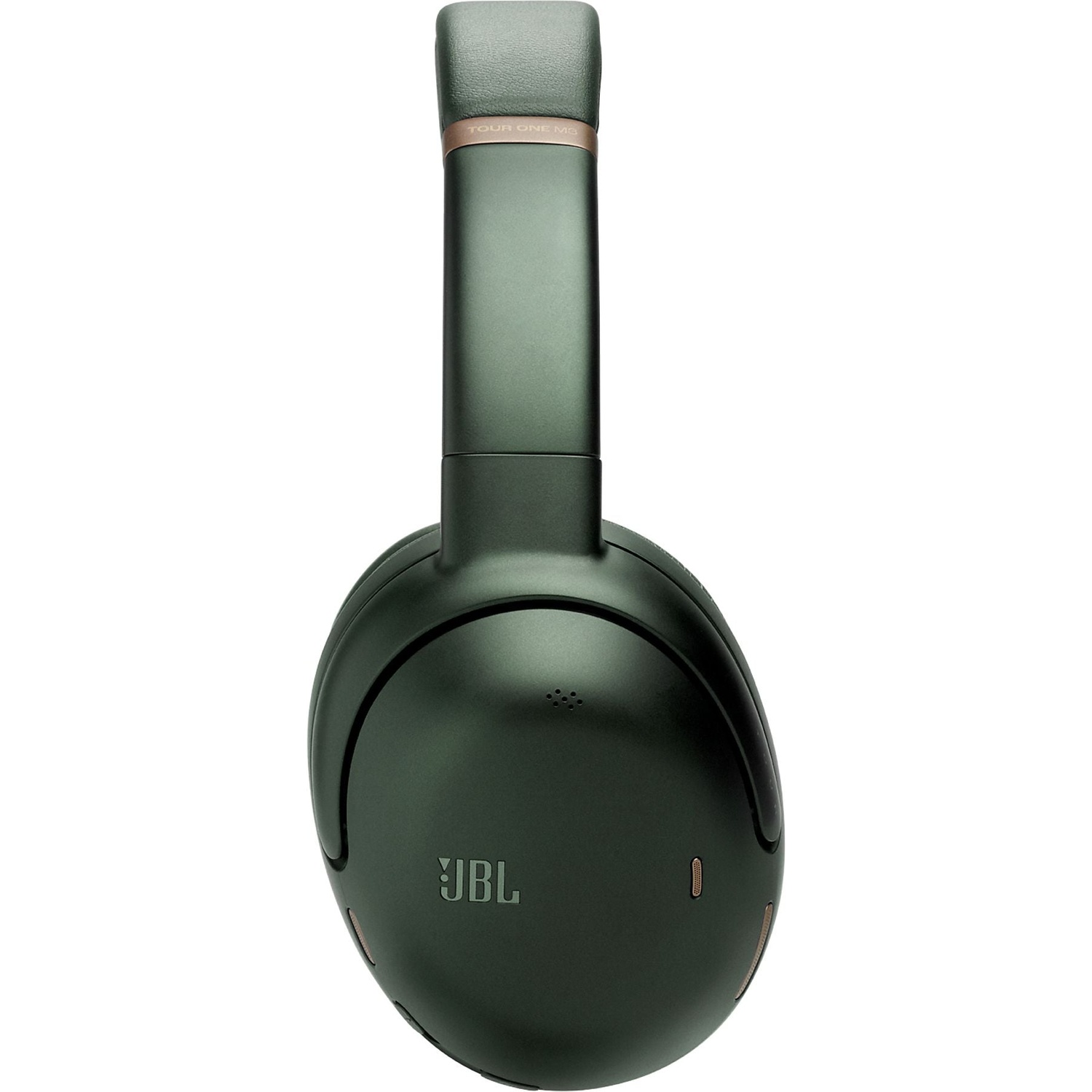 Dark green JBL headphones with rose gold accents and TOUR ONE M2 lettering.