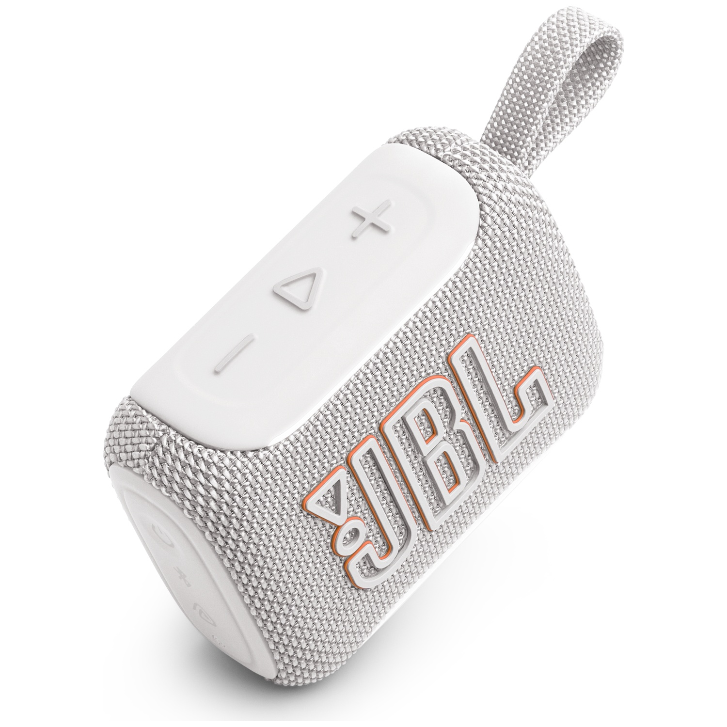 A white JBL portable speaker with a fabric texture and orange JBL logo.