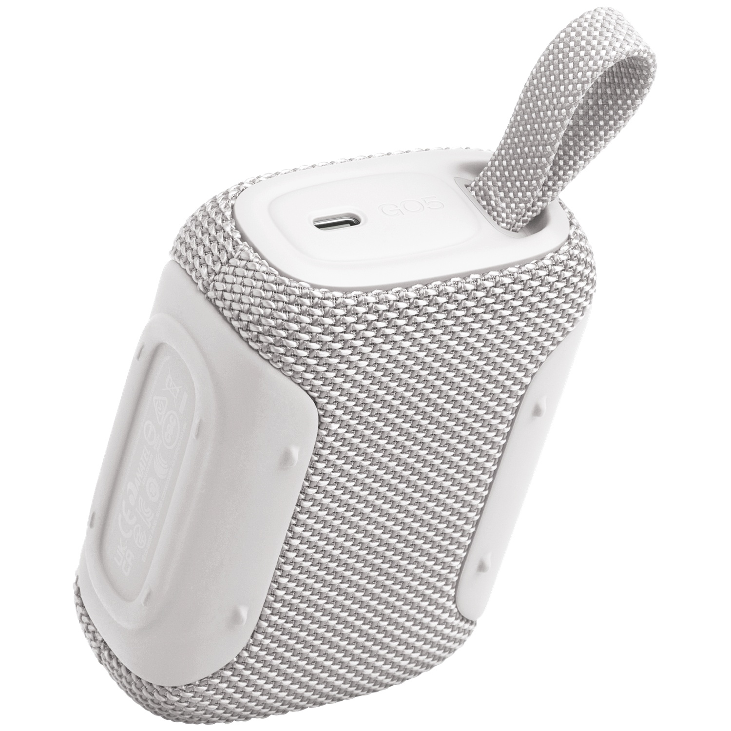 A small, white fabric Bluetooth speaker with a fabric cover and a carrying strap.
