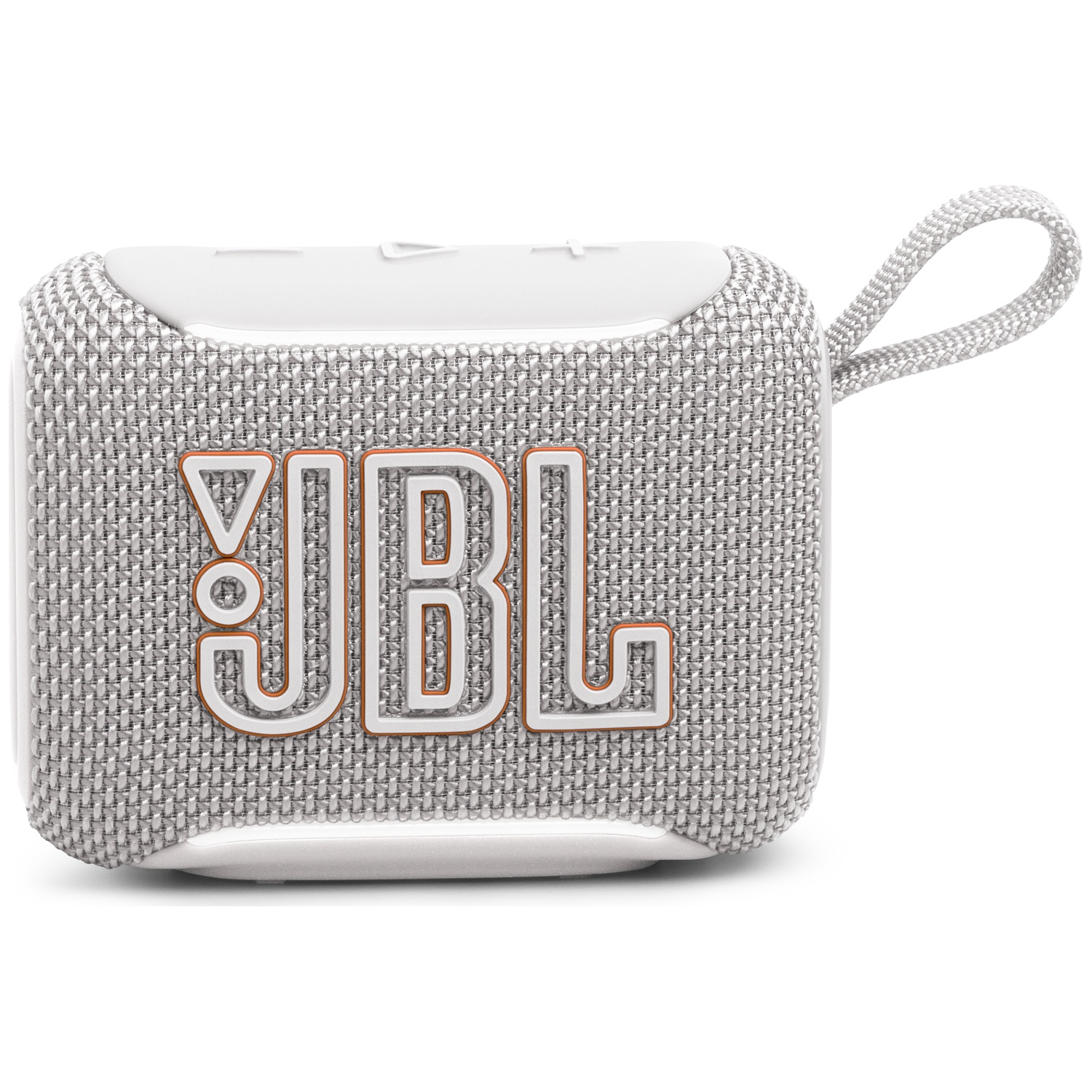 A white JBL Go 3 speaker with fabric grille and carrying strap.