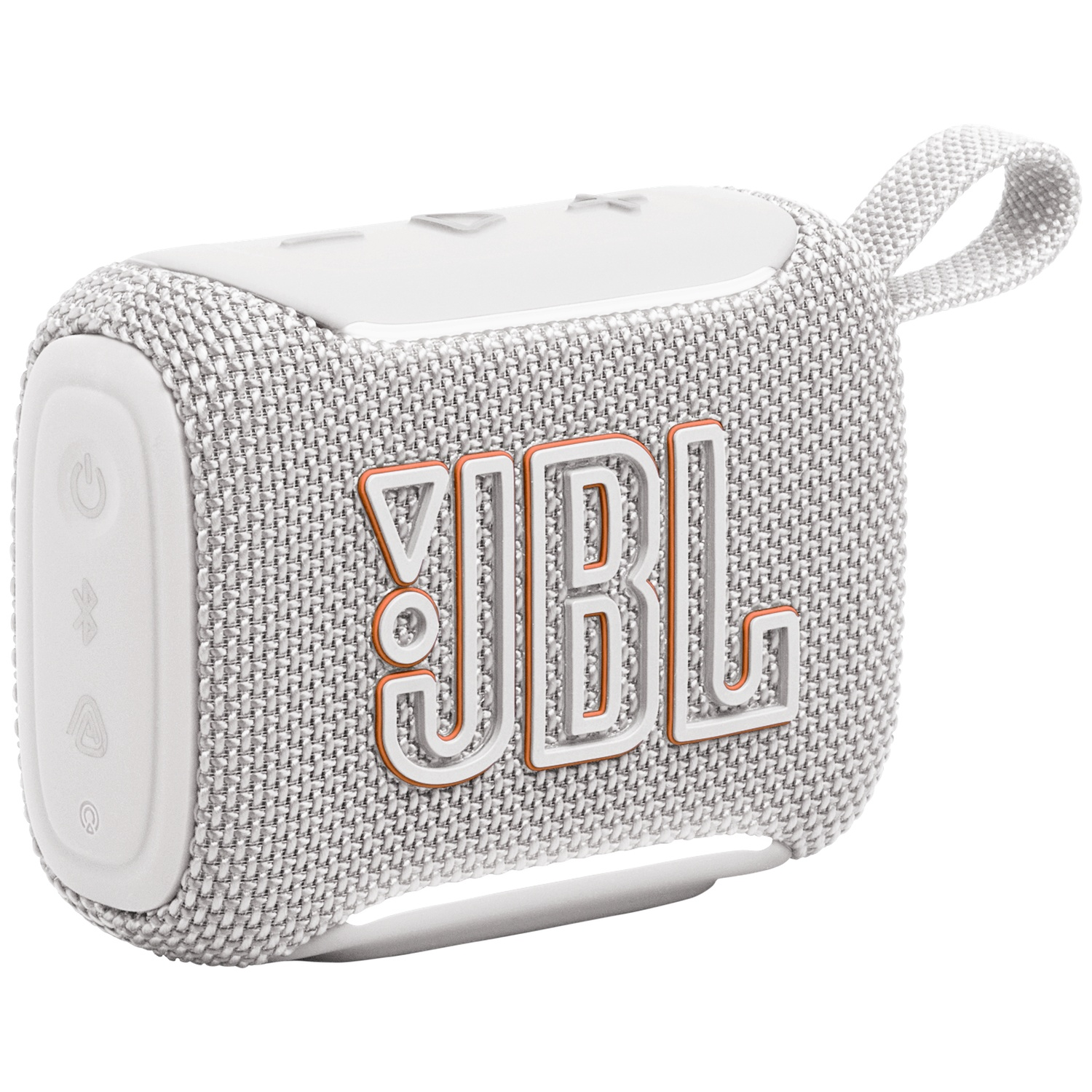 White JBL Go 3 speaker with a loop and orange logo.