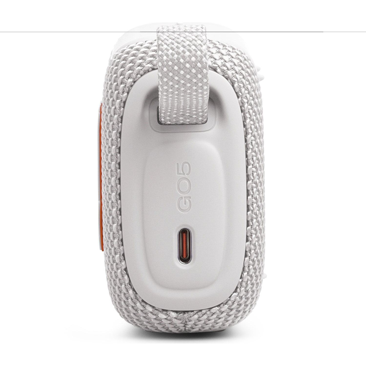 Gray portable speaker with USB-C port and carrying strap.