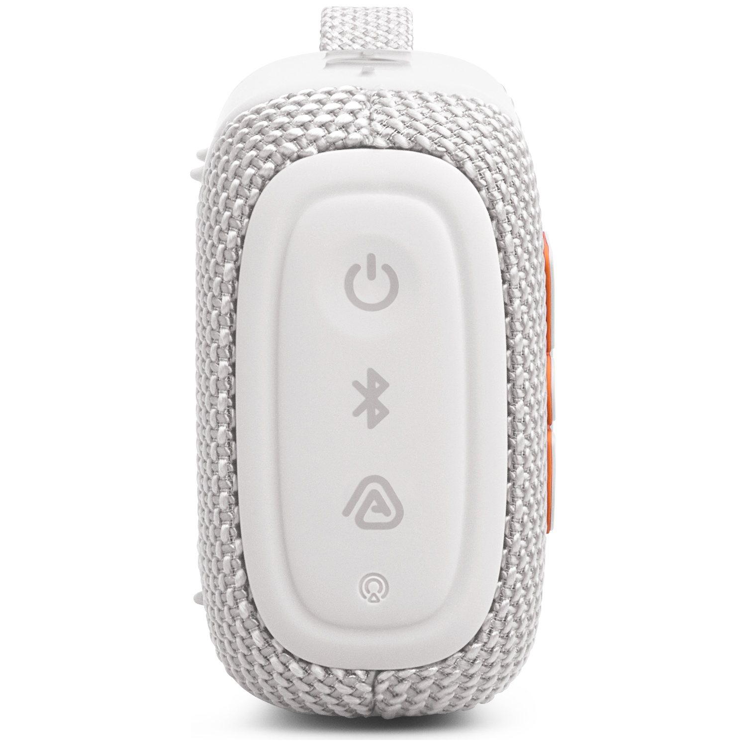 White portable speaker with fabric cover and control buttons: power, Bluetooth, battery.