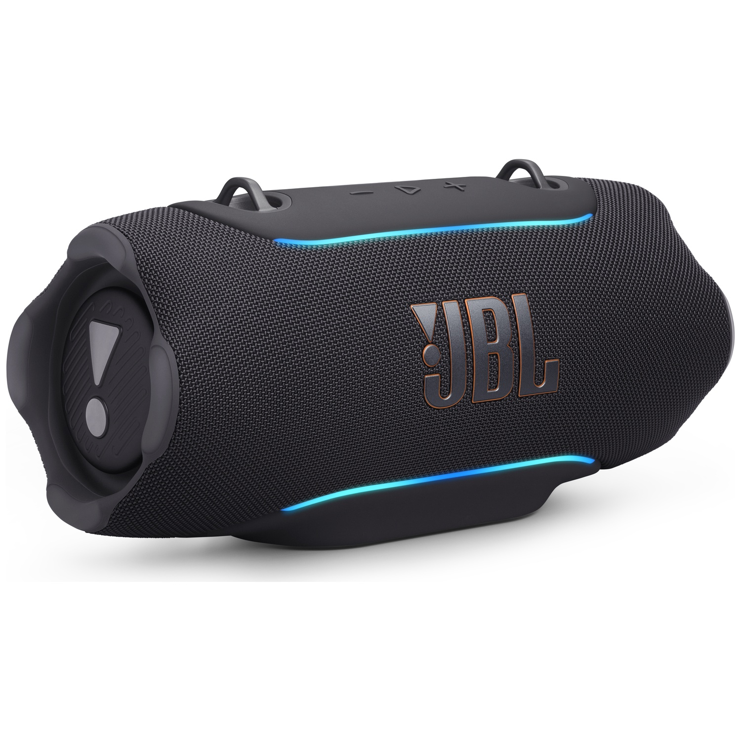 A black JBL Xtreme 3 portable speaker with blue LED accents sits on a white surface.