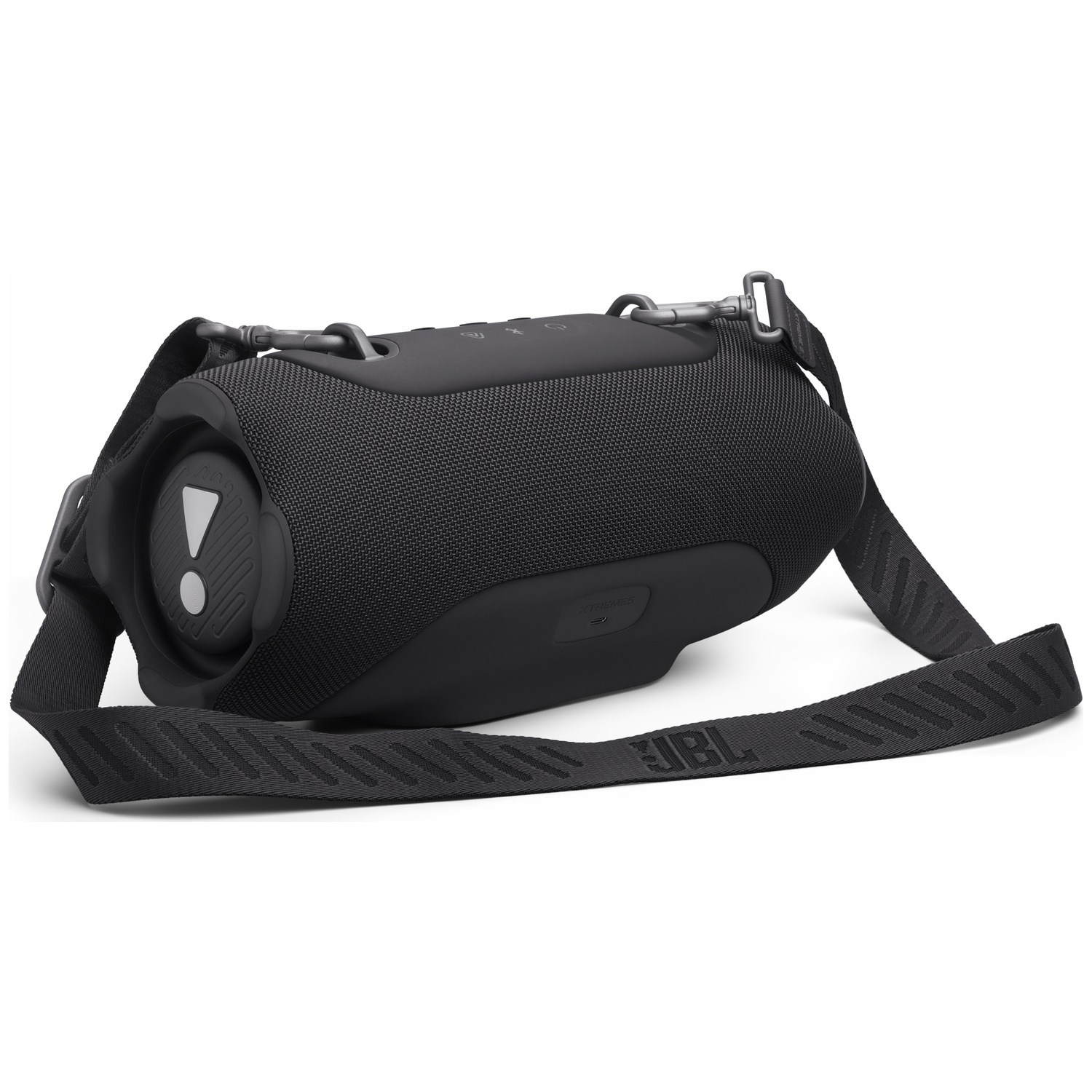 Black JBL speaker with a strap, on a white background.
