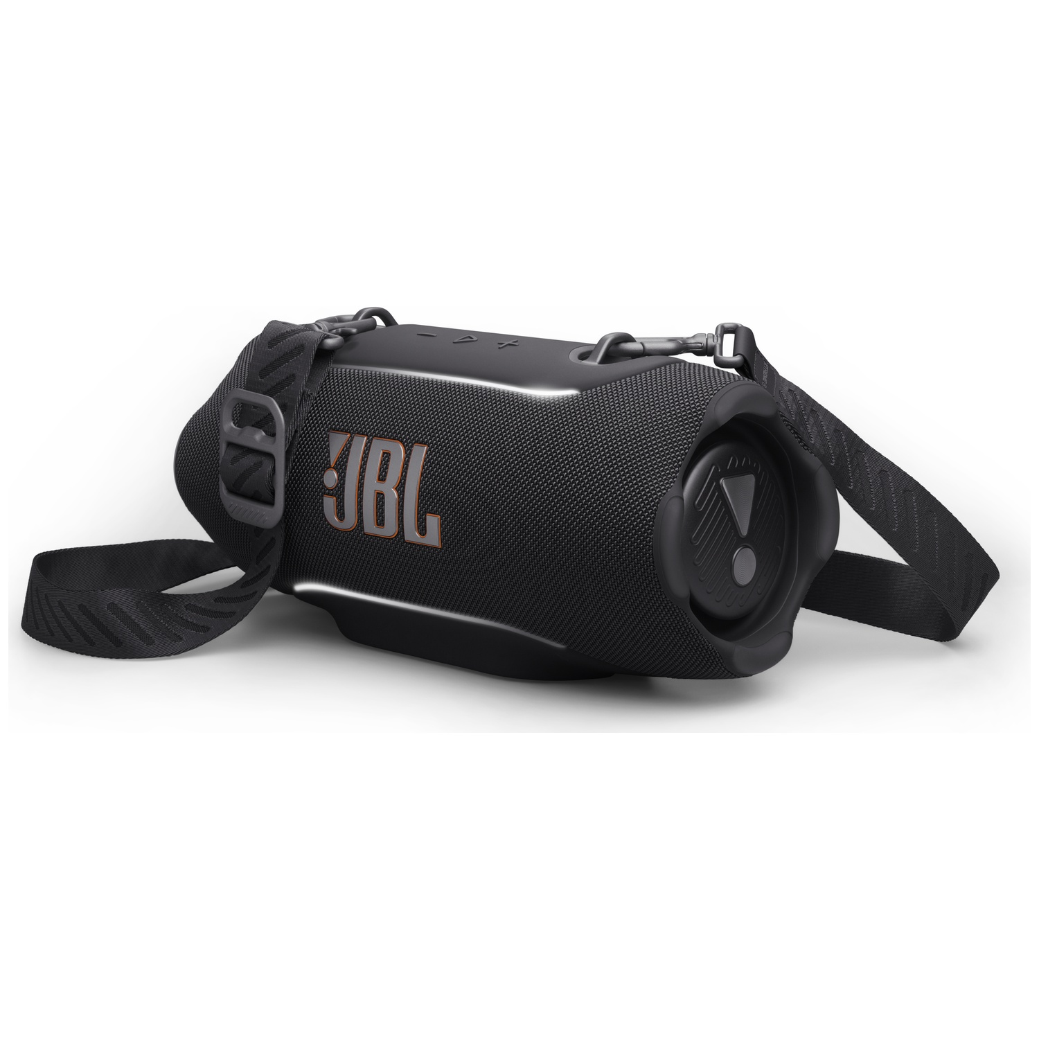 Black JBL speaker with a strap on a white background.