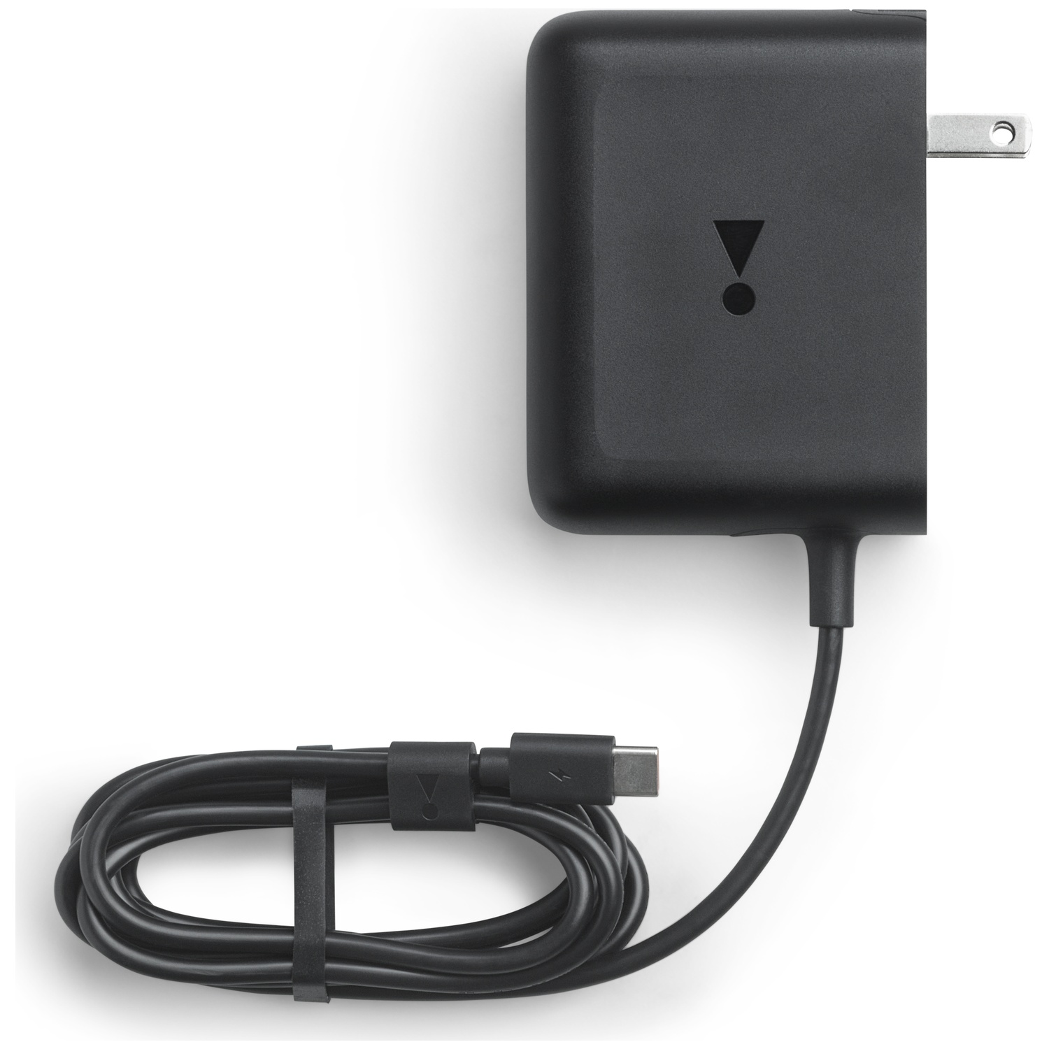 Black USB-C charger with cable and a triangle logo. White background.