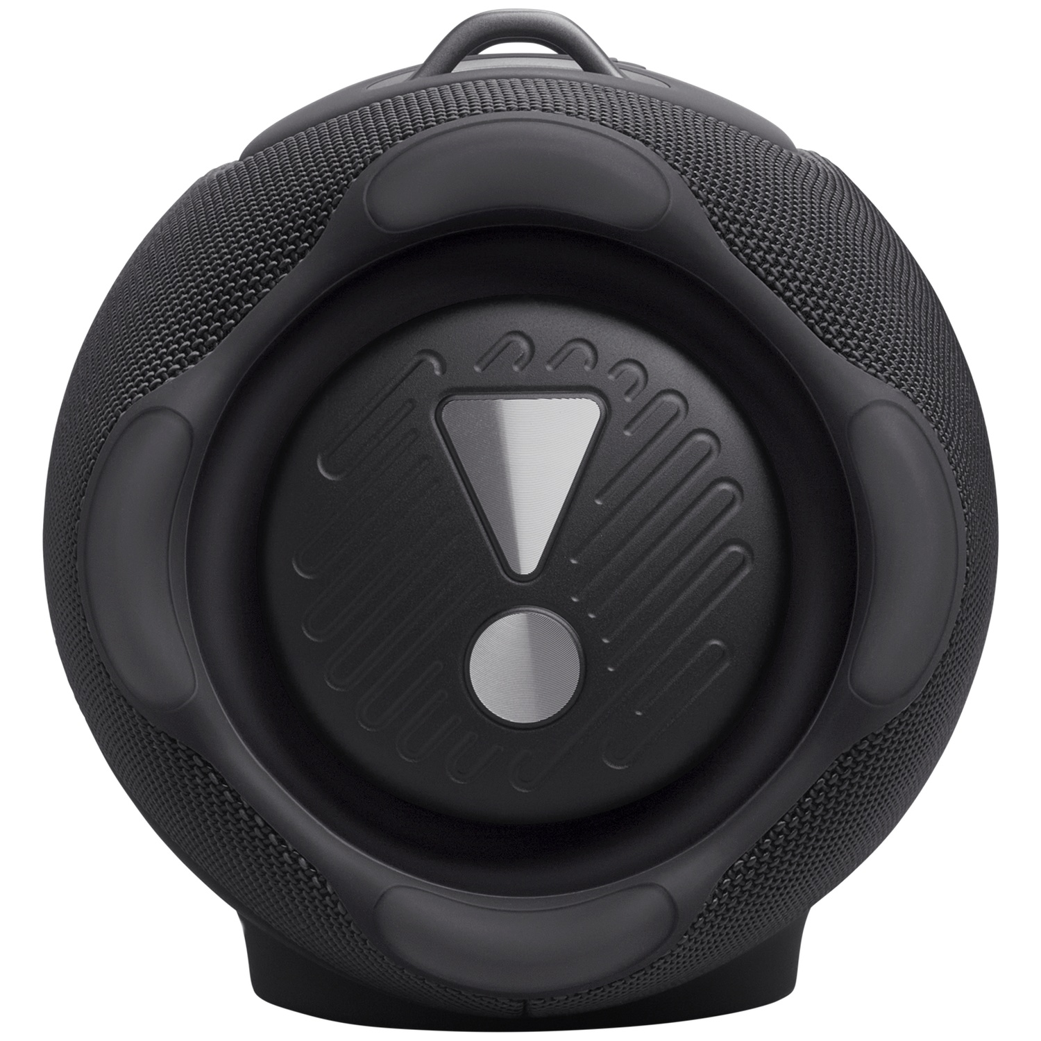 Black portable speaker with a circular design and central cone.