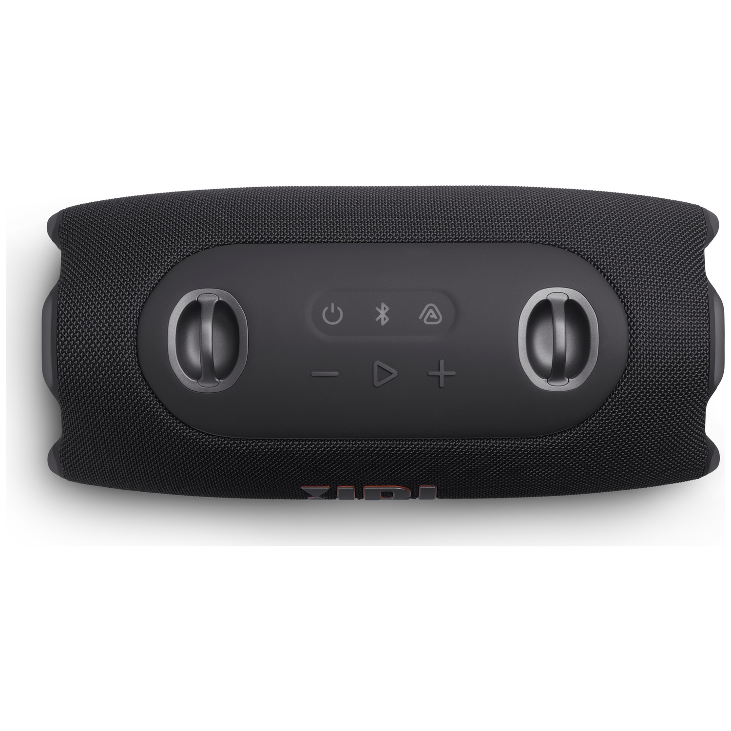 Black portable speaker with controls and handles on top.