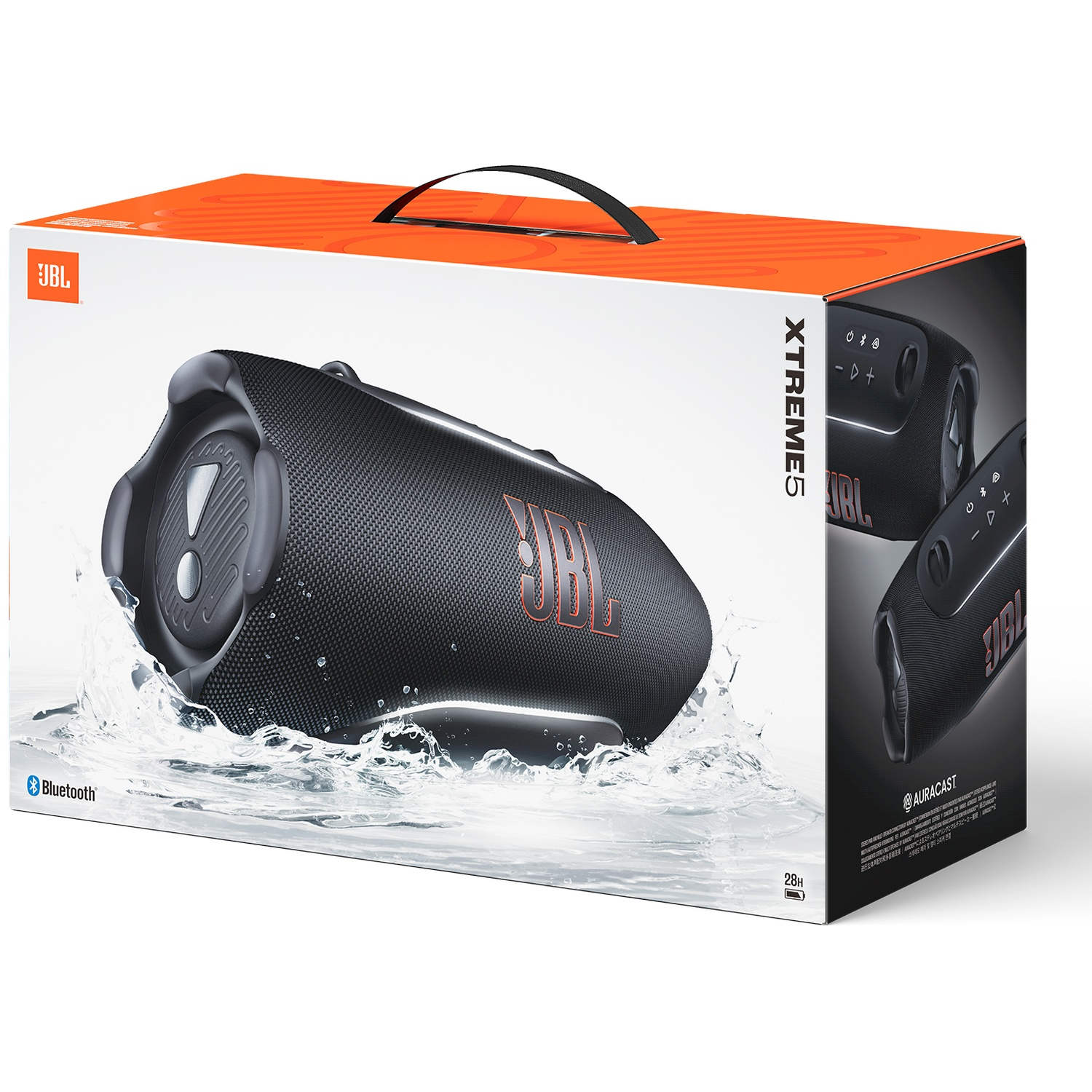 JBL Xtreme 5 speaker box with water splashes and Bluetooth symbol.