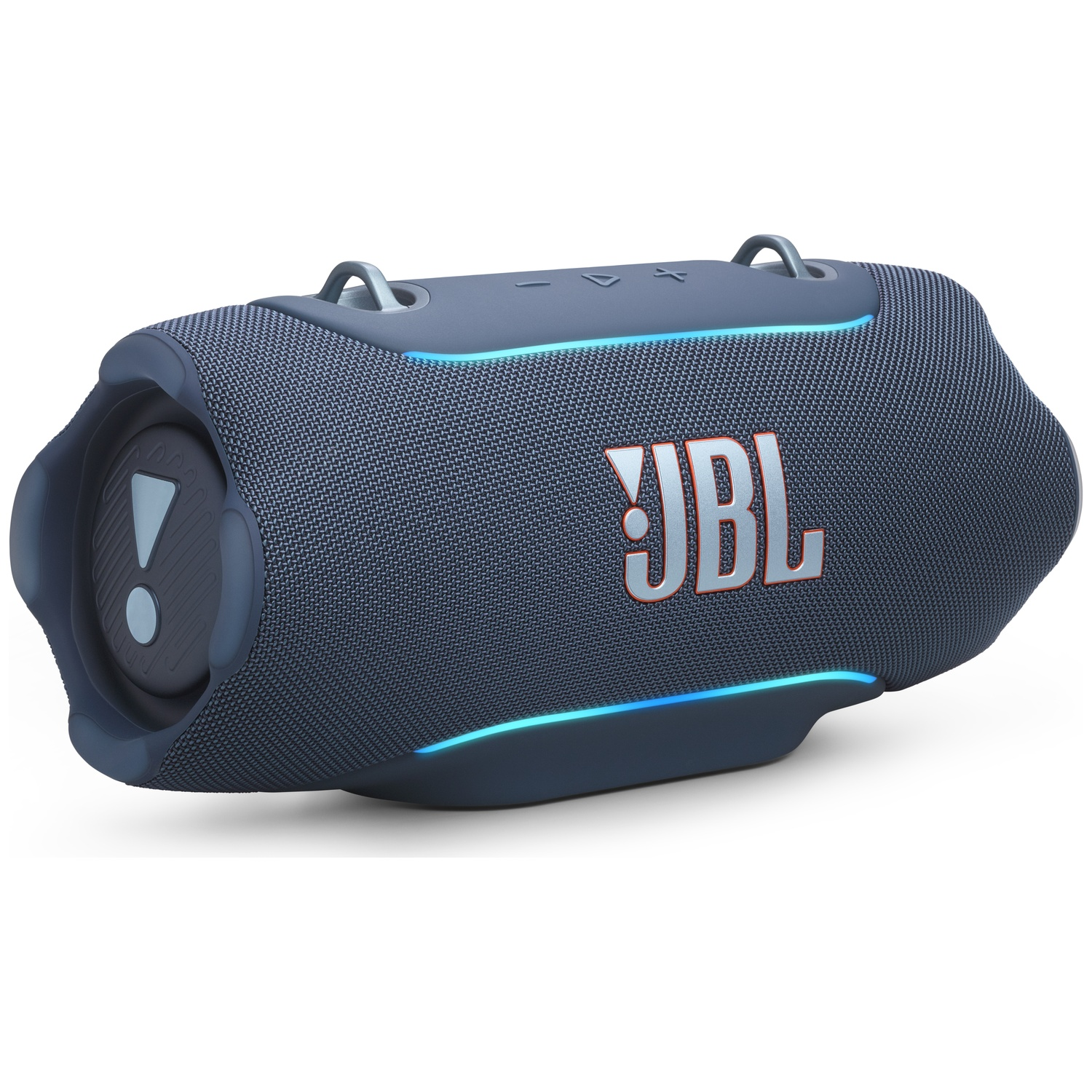 Enceinte JBL bleu foncé avec logo argenté et lumières bleues.