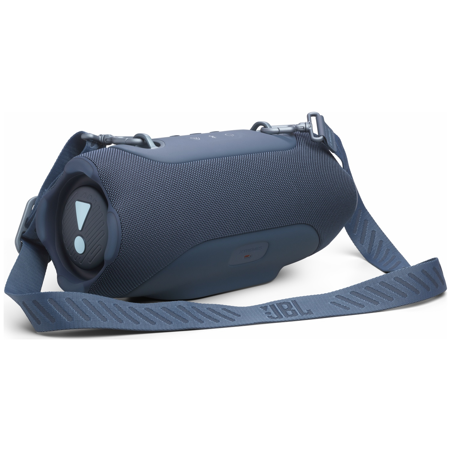 Une enceinte Bluetooth JBL bleue avec une sangle sur fond blanc.