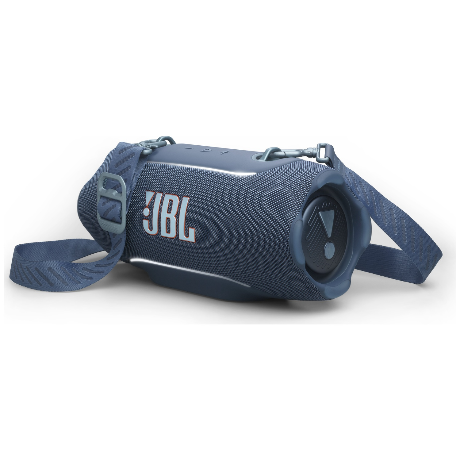 Haut-parleur JBL bleu avec sangle, posé sur fond blanc.
